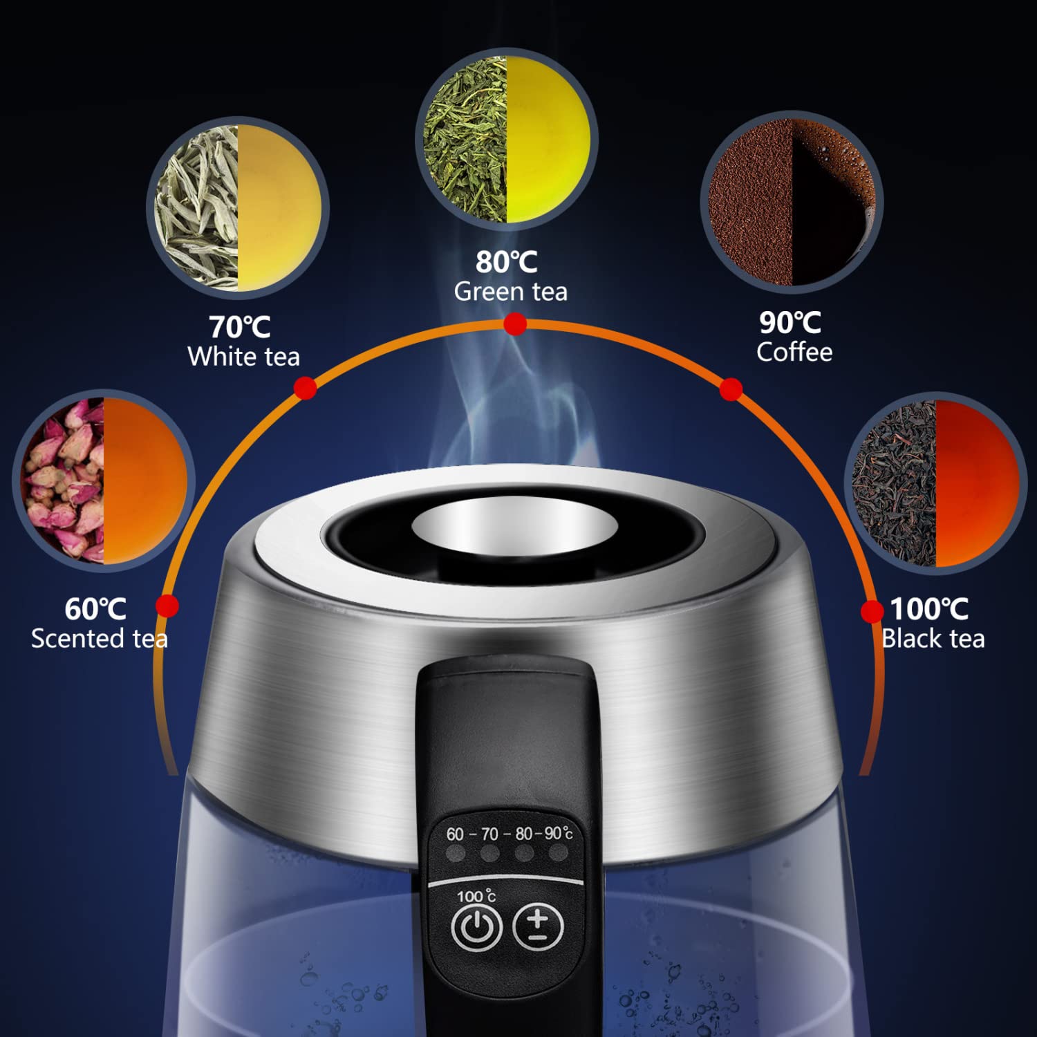 Aigostar Bouilloire en verre 2200W 1.7L Température Réglable 60-100°C Maintien au chaud Filtre à thé