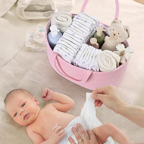 Miniatura 3 de Organizador de pañales para bebé, cesta de pañales de cuerda de algodón, cesta de bebé para cambiador, guardería, automóvil, cubo de almacenamiento