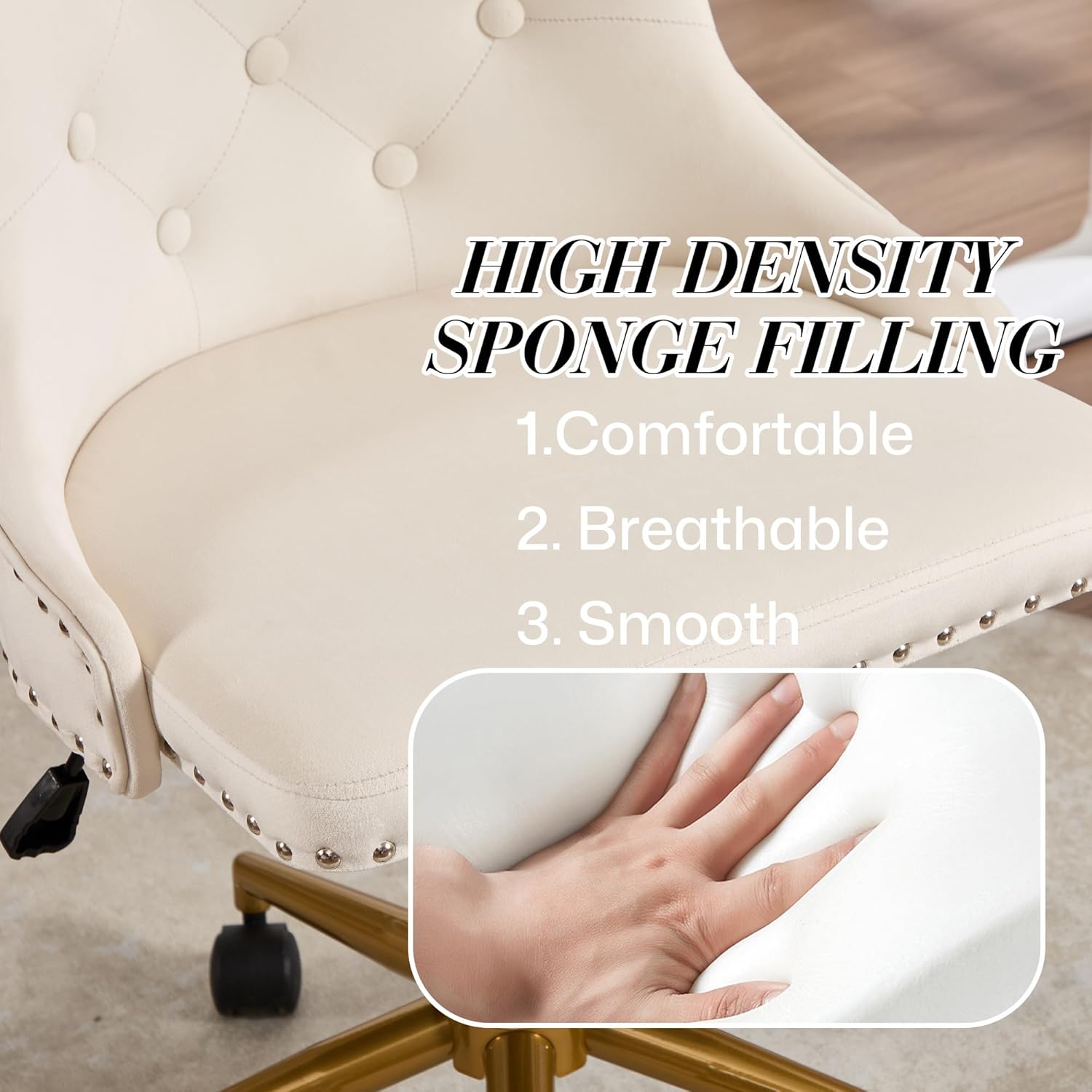 Velvet Armless Home Office Desk Chair, Swivel Height-Adjustable Small Cute Vanity Chair for Women/Girls, Comfy Makeup Chair with Rivet and Gold Base for Living Room, Bedroom(Beige)