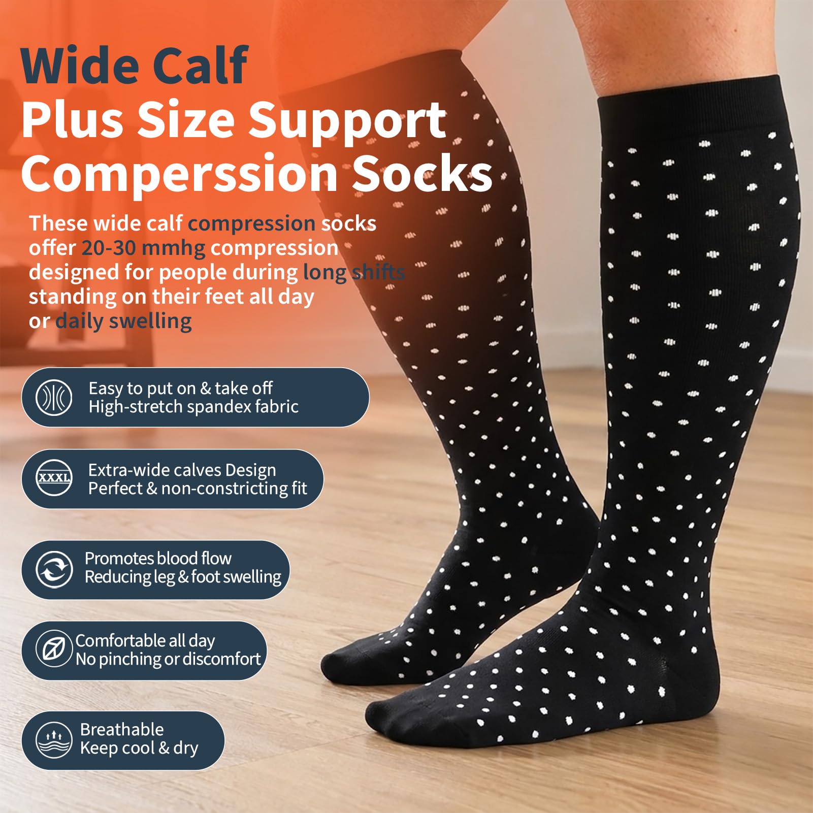 Lot de 4 paires de chaussettes de compression surdimensionnées pour homme et femme - Extra larges - 20 à 30 mmHg - Chaussettes de compression hautes pour la circulation sanguine et le soutien - Gamme