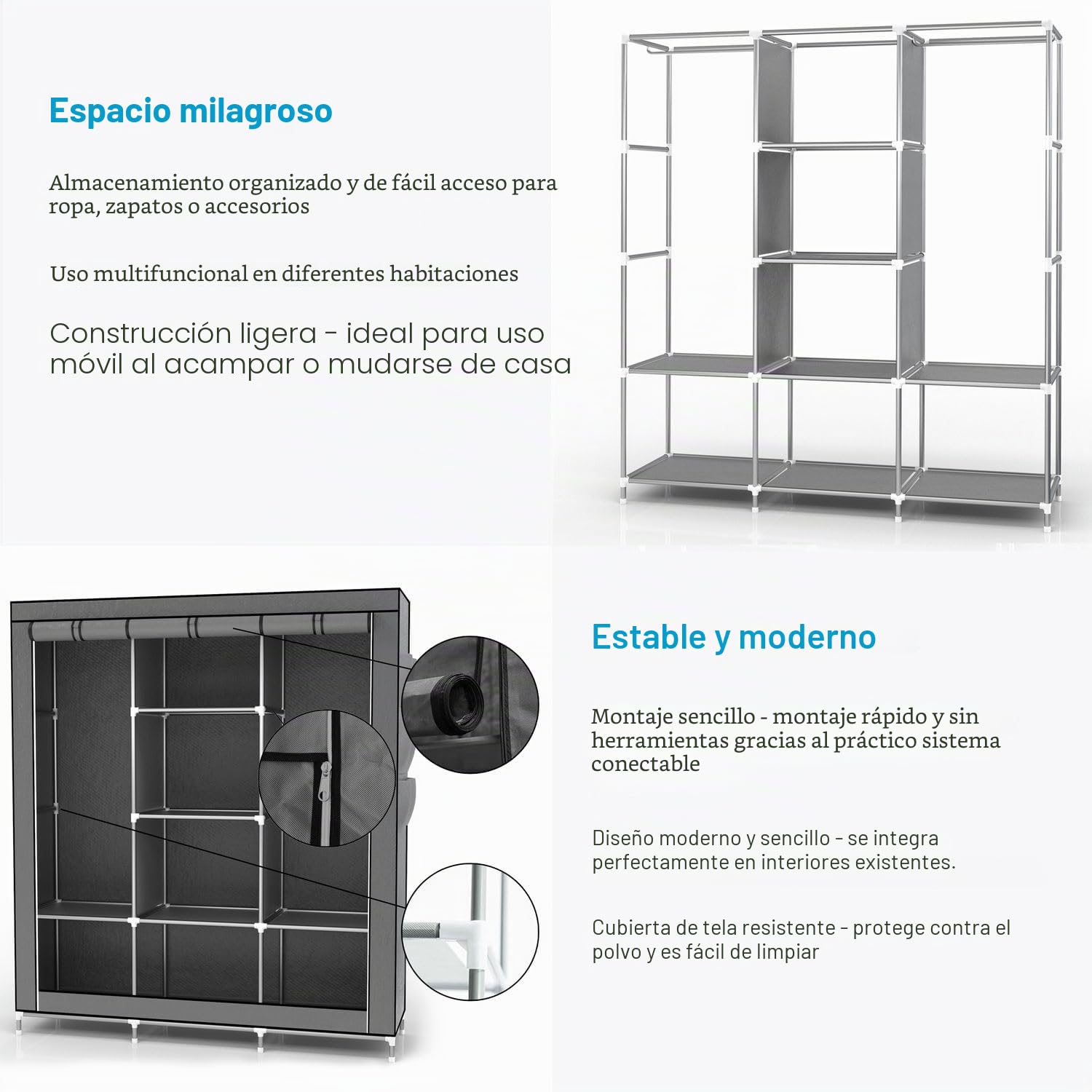 INTIRILIFE Armario Tela Plegable 130x175x45 cm in Gris Ceniza – Guardar Ropa Organizador de Textil Tela Portátil con Cremallera y Barra de Armario per Colgar – Closet Estanteria Exterior