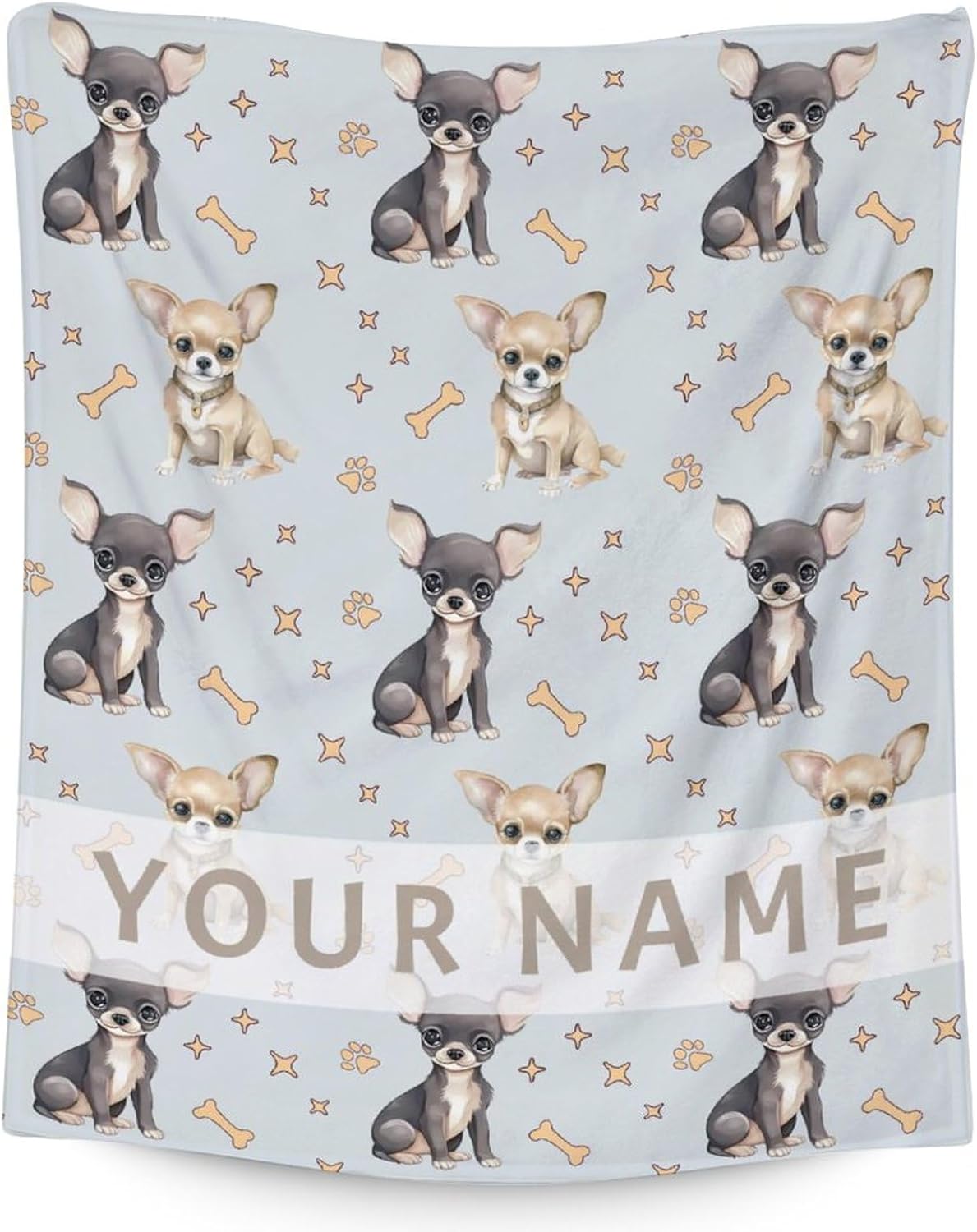 Custom Chihuahua Blanket for Girls, Boys - 50x60 Inches Throw Size with Name - Soft Fuzzy Plush Throws Gift - Light Blue Funny Blanket for Bed, Couch, Sofa