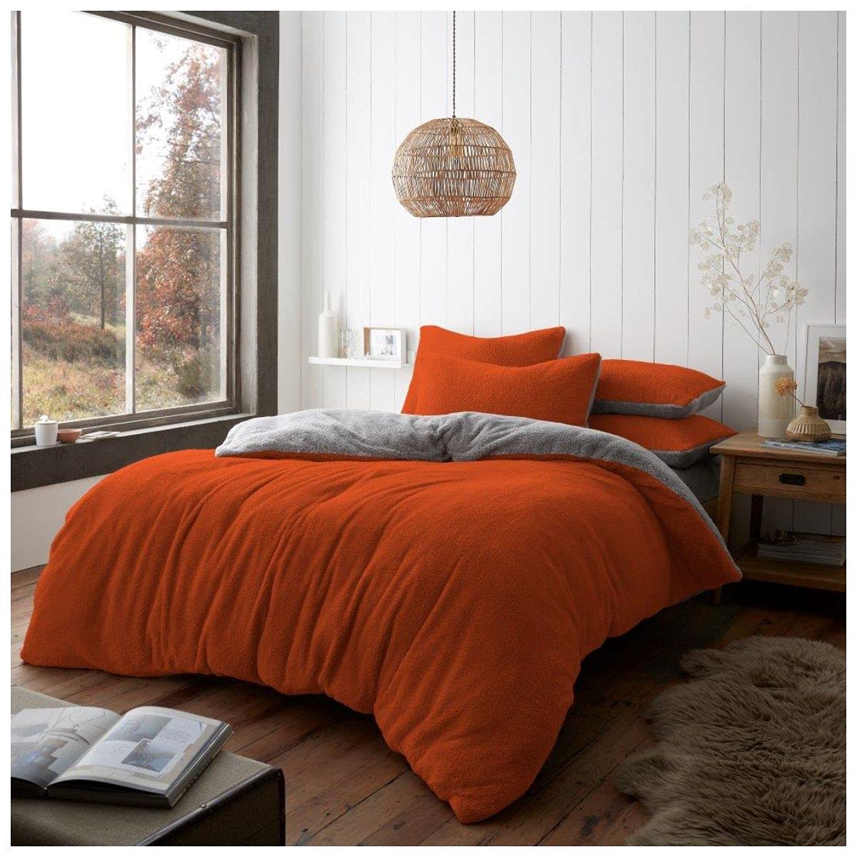 Gc Gaveno Cavailia Rust/Grey Teddy Fleece Kingsize Duvet Cover Sets, Sherpa Plain Dyed Fluffy Fleece Reversible Polyester Bedding Sets,