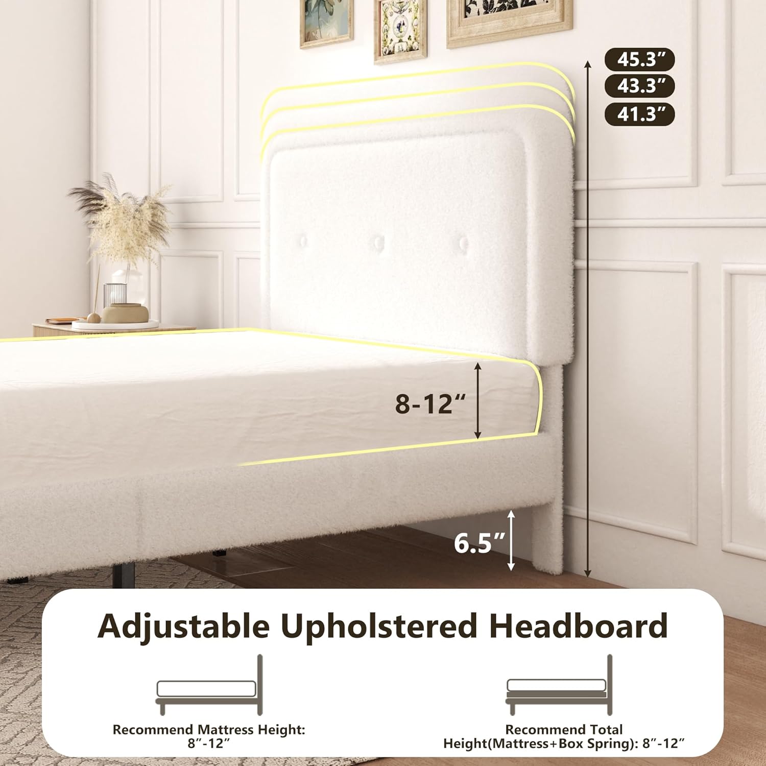 Full Size Boucle Bed Frame with Adjustable Headboard, Cloud Boucle Upholstered Platform Bed Frame, Rounded Corners Design & Easy Assembly, Box Spring Optional, Noise Free, White