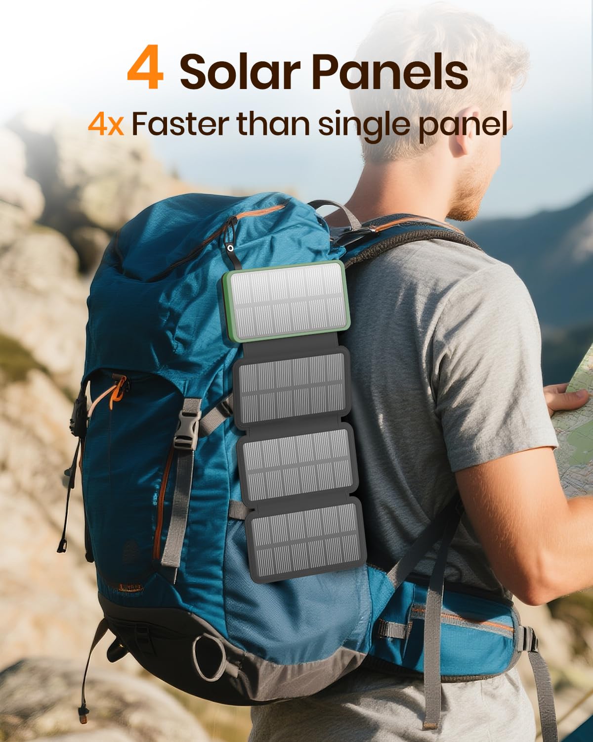 FEELLE Caricatore Solare 25000mAh, Power Bank Solare Batteria Esterna con Doppia Uscita USB 3,0A e 4 Pannelli Solari Pieghevoli Caricatore Portatile per Smartphone, Tablet, Campeggio ecc (Verde)