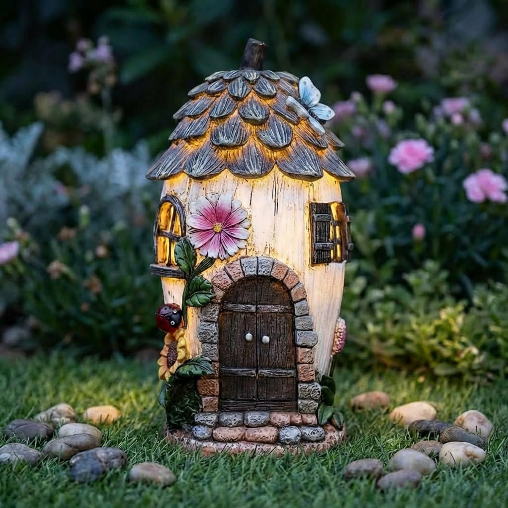 Solar Fairy House Garden Ornament Outdoor โ Fairy Garden Ornament with LED Light, Hand Painted Resin Fairy House, Waterproof Solar Garden Ornament, Garden Decor Gift for Mum