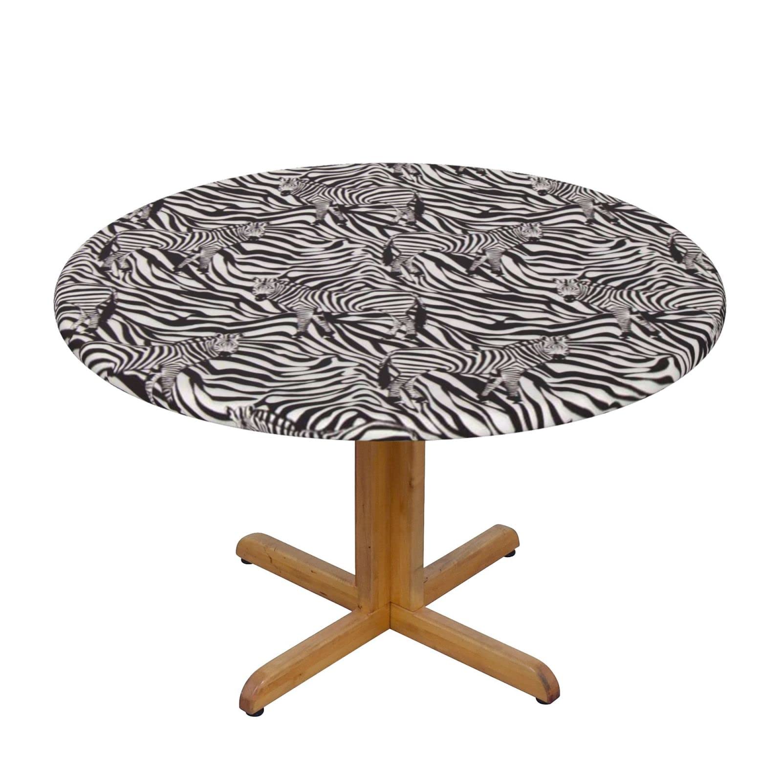 Lsjuee Round Fitted Tablecloth 45-50in Elastic Edged Table Cloth for Kitchen Dining Party Home Decor - Zebra Skin Stripe Black and White
