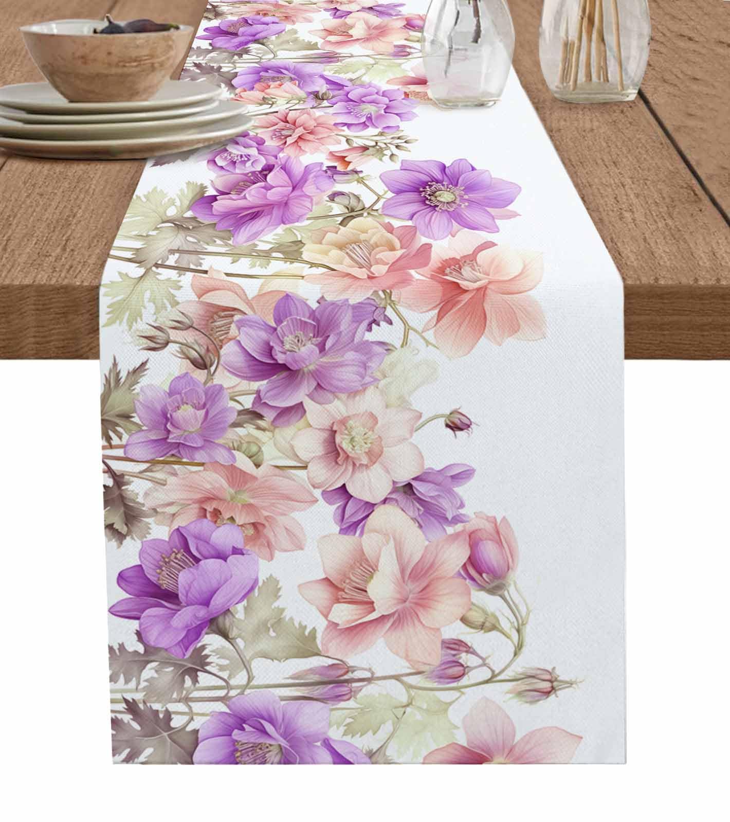Pink Purple Spring Floral Table Runner-Cotton Linen- 72 Inch Holiday Dresser Scarves, Summer Flower Botanical Tablerunner for Kitchen Coffee/Dining