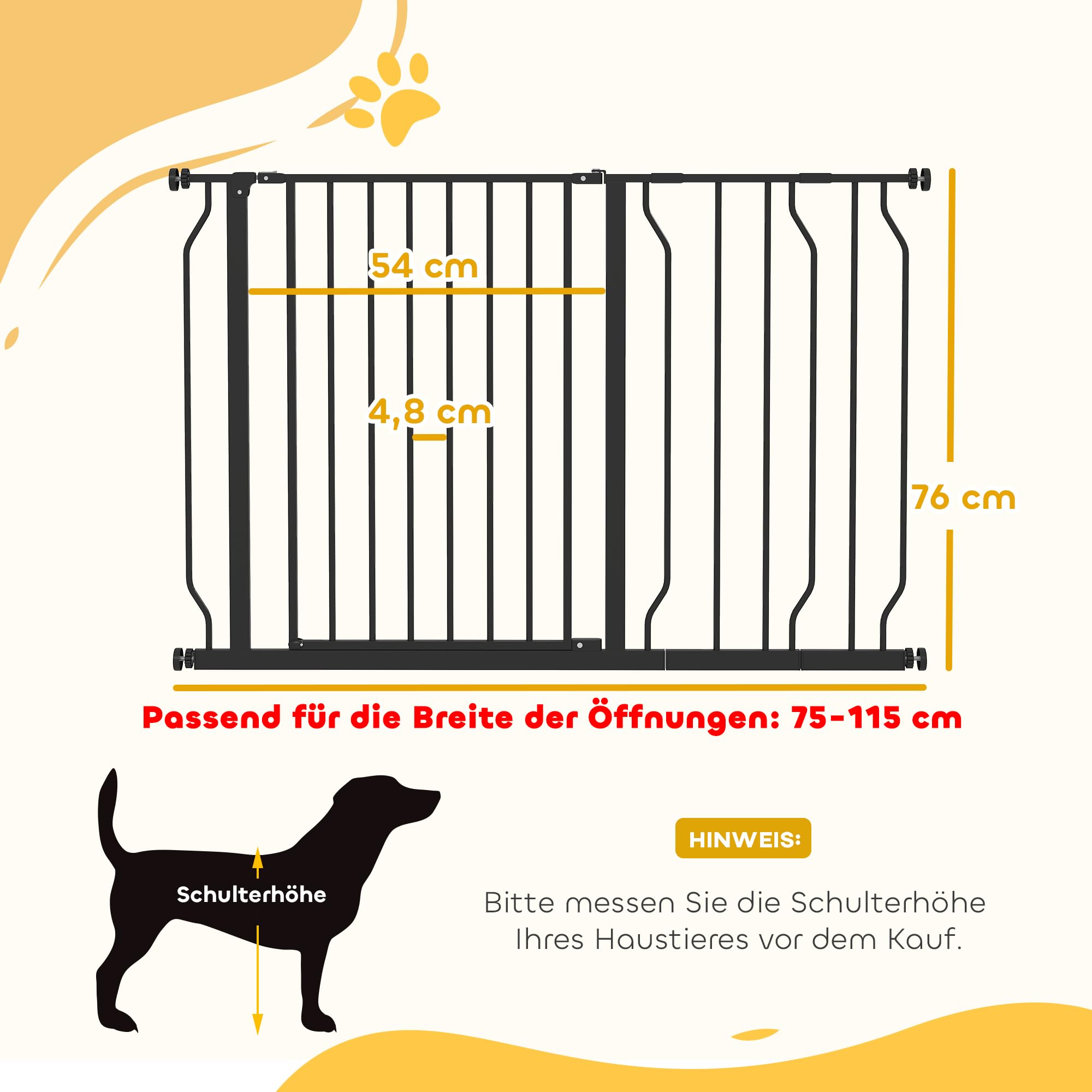 Cancelletto di sicurezza per cani PawHut, cancelletto per cani da 75-115 cm, cancelletto per bambini, cancelletto a morsetto, cancelletto di sicurezza, apertura a due vie, acciaio, nero