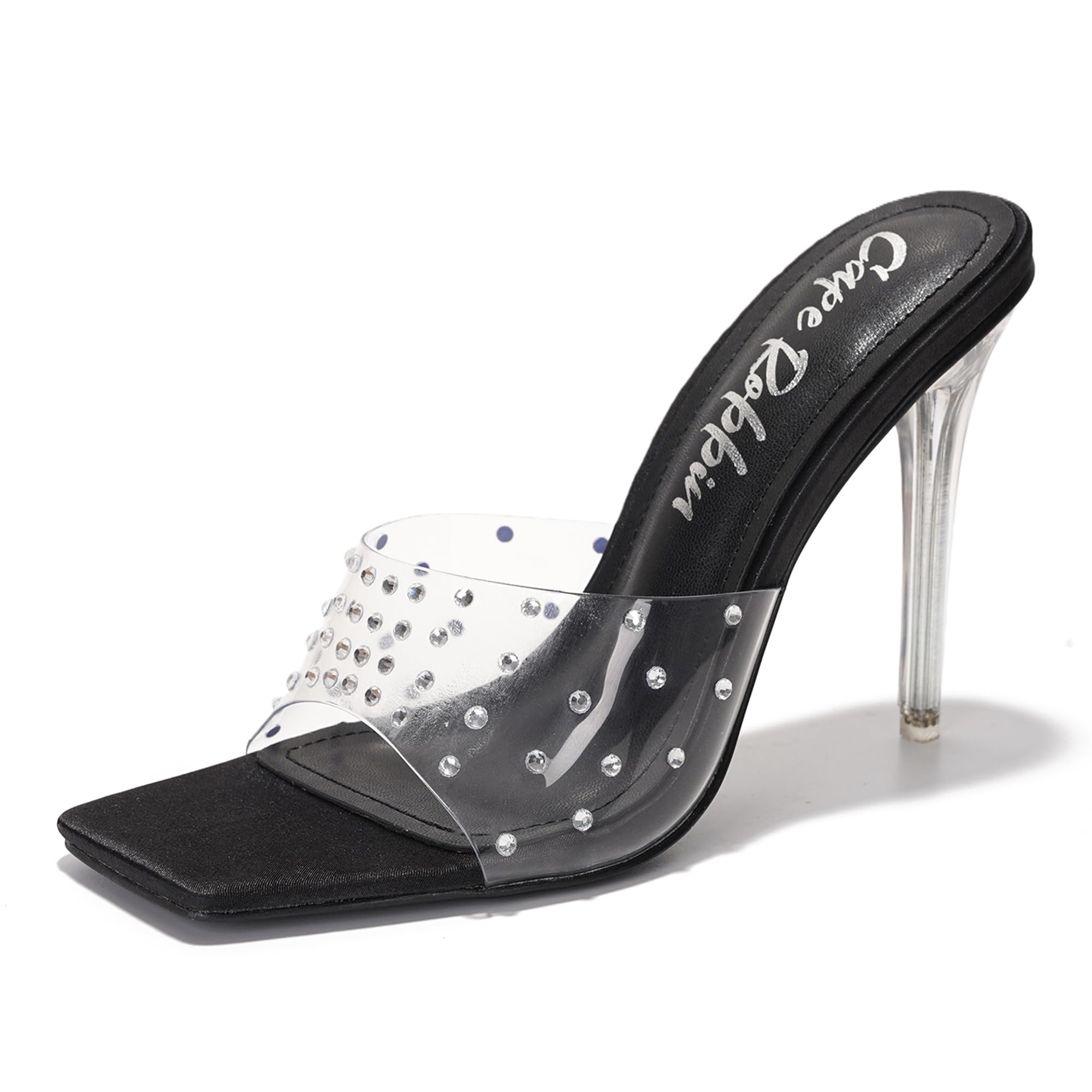Cape Robbin Women's Clear Transparent Strap Stiletto Heel Sandals - Rhinestone Embellished Slip-On Dress Shoes Open Toe for Wedding Party Evening (