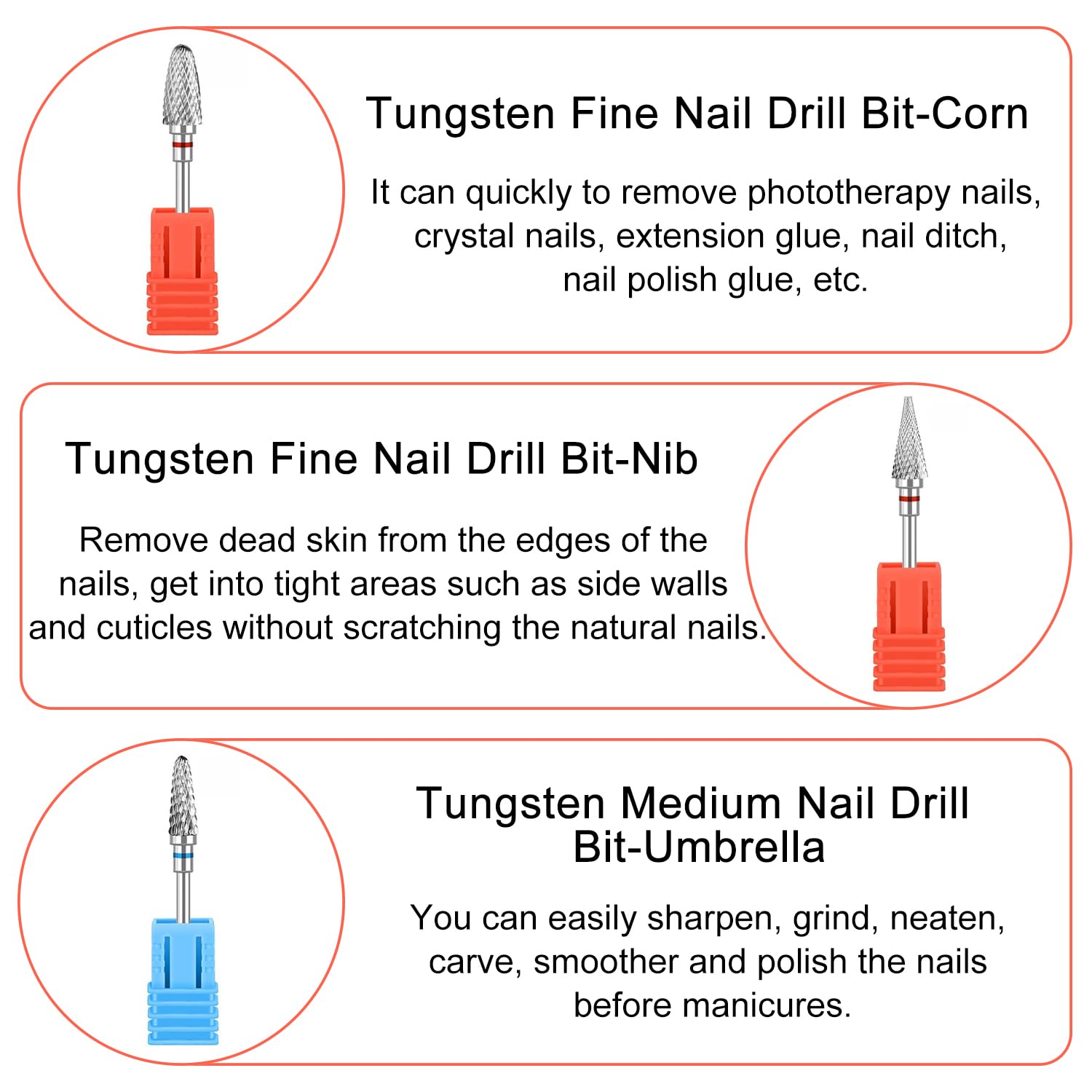 3 Pezzi Punte Fresa Unghie, 3/32 Pollici Punta Fresa Unghie Carburo di Tungsteno, per Rimuovere Gel, Acrilico, Cuticola, Strumenti per Manicure e Pedicure