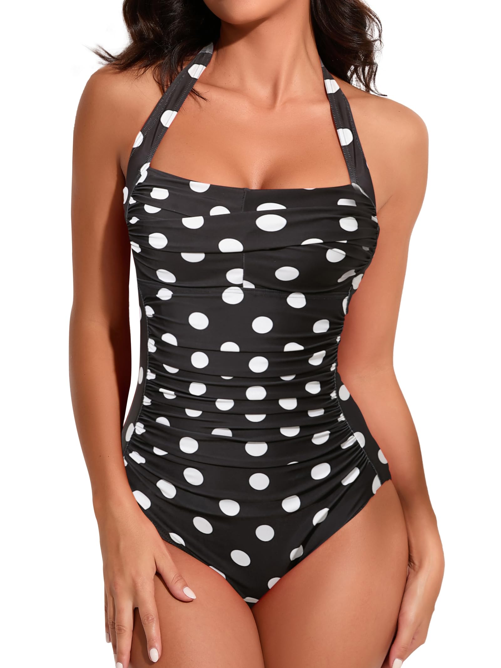 Smismivo Tummy Control Swimwear Halter One Piece Slimming Vintage Retro Swimsuit Womens Ruched Push Up Bathing Suit — view 37