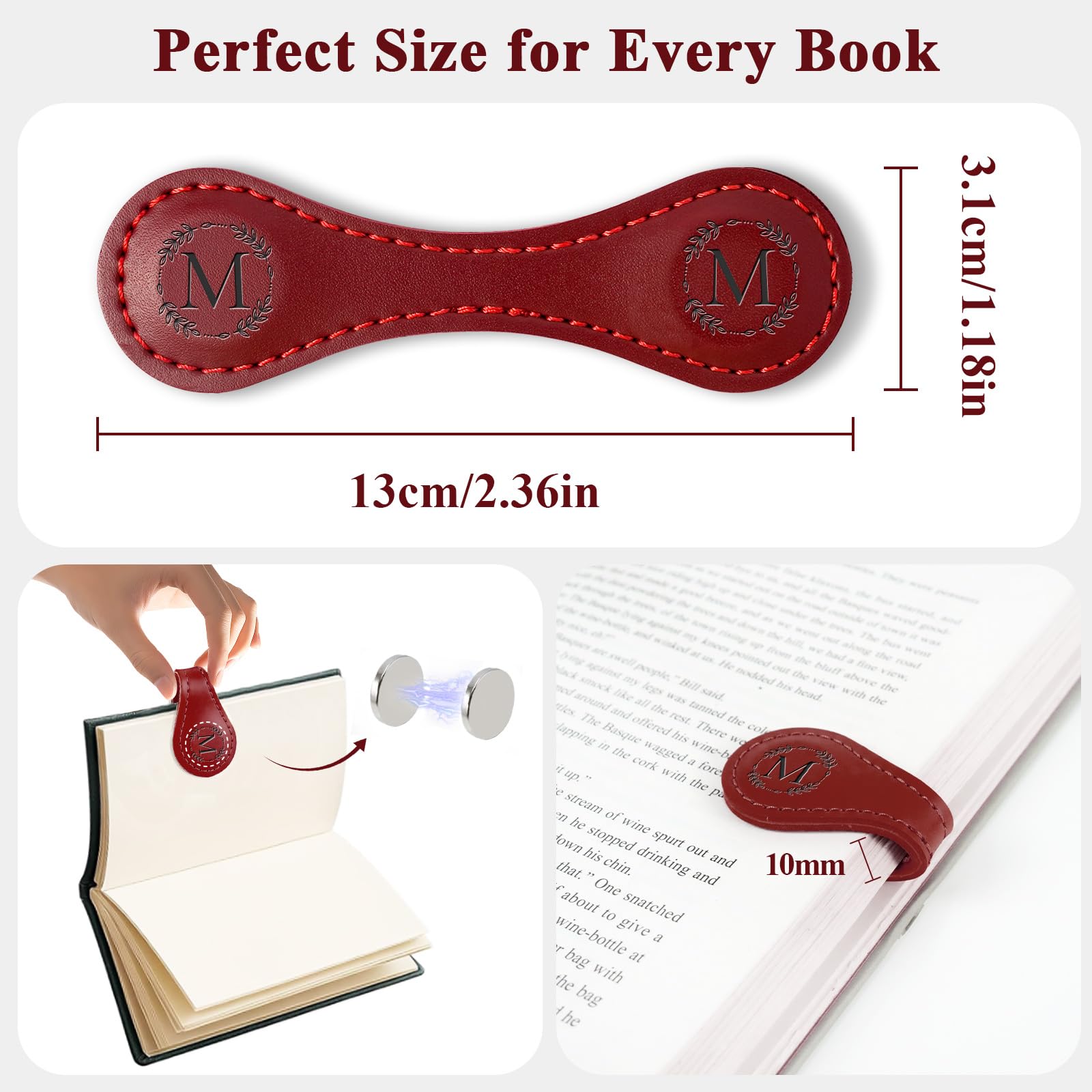 Marque-page magnétique en cuir personnalisé avec porte-stylo - Initiale personnalisée pour lecteurs (Rouge-R)