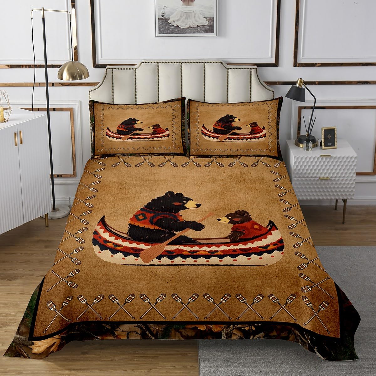 jejeloiu Rustic Bear Bedspread Queen Size Kids Cabin Country Quilted Coverlet for Boys Girls Teens Boating Coverlet Set Clay