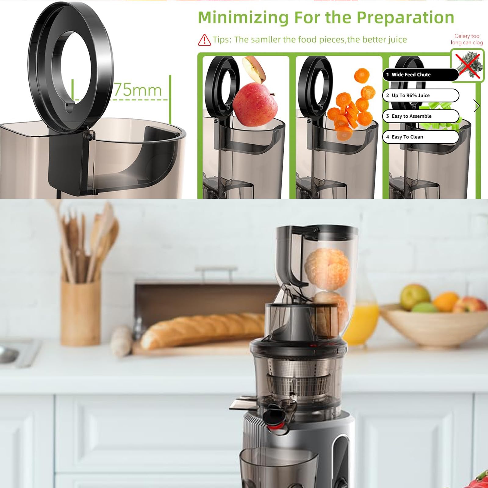 Spremiagrumi Lento A Bocca Larga Per Frutta E Verdura, Spremiagrumi 200W,Spremiagrumi Centrifugo Bocca Larga 75 Mm, Centrifugo Acciaio Inossidabile A Velocità 55 Giri/Min/Capacità 700 Ml,Grey