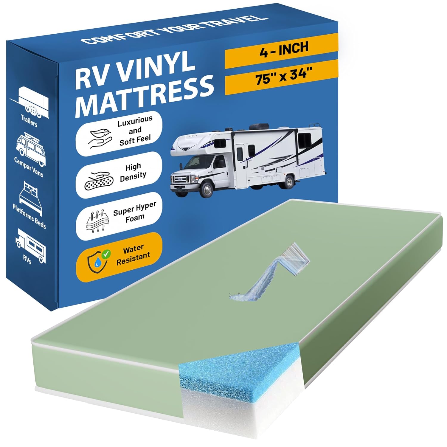Greaton, 4-Inch High-Density Cooling Gel Memory Foam Vinyl RV Mattress Replacement, Medium Firm, Good for Trailers, Camper Vans, Sofa Bed and Other Furniture Application, 75" x 34", Green