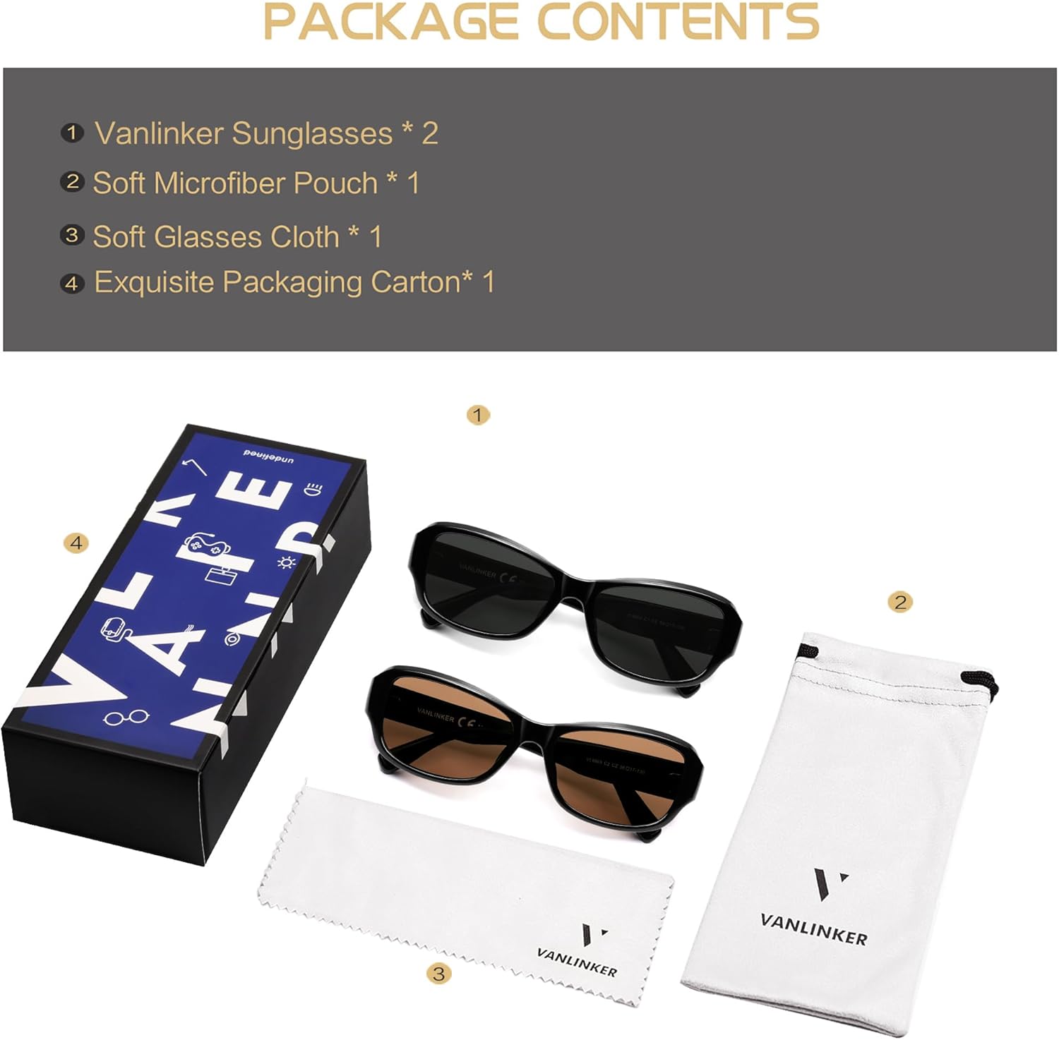 VANLINKER Retro Polarized Rectangle Sunglasses for Women Men Trendy 90s Soft-Square Frame Medium Rectangular Shades VL9869