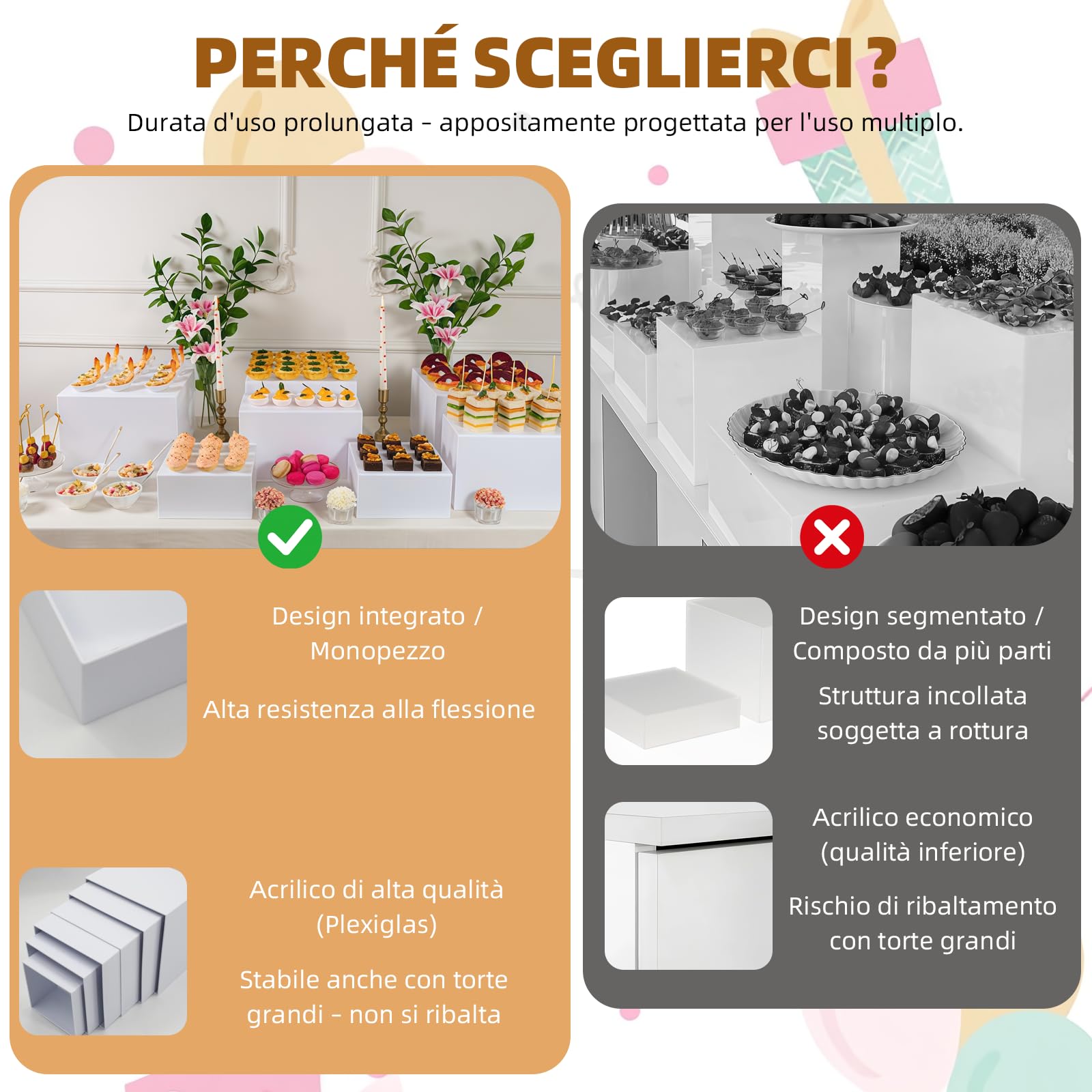Supporto per torta a forma di cubo, in acrilico con fondo cavo, supporto per buffet a più piani, ideale per matrimoni, compleanni, decorazioni per feste e presentazioni cupcake (confezione da 6