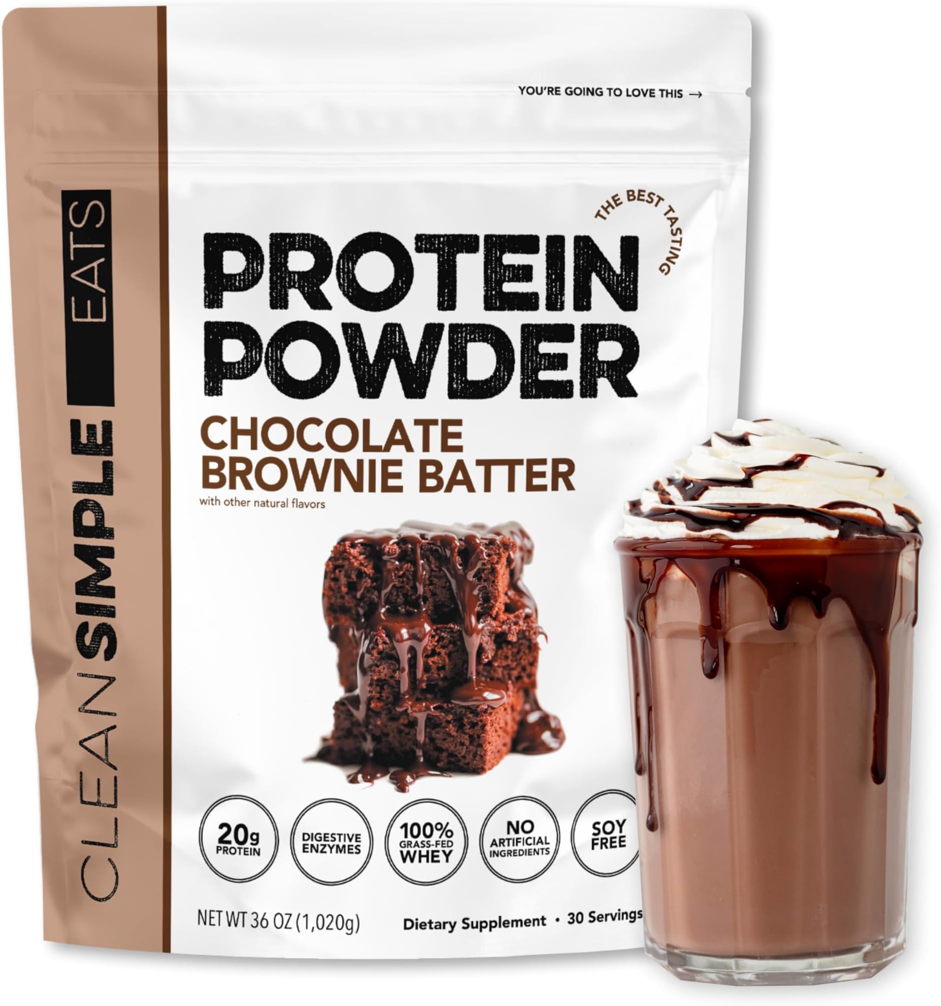 Clean Simple Eats Whey Protein Powder, Chocolate Brownie Batter Flavor Naturally Sweetened, 100% Grass Fed Protein Powder with Digestive Enzymes & No Artificial Ingredients, Gluten Free, 30 Servings
