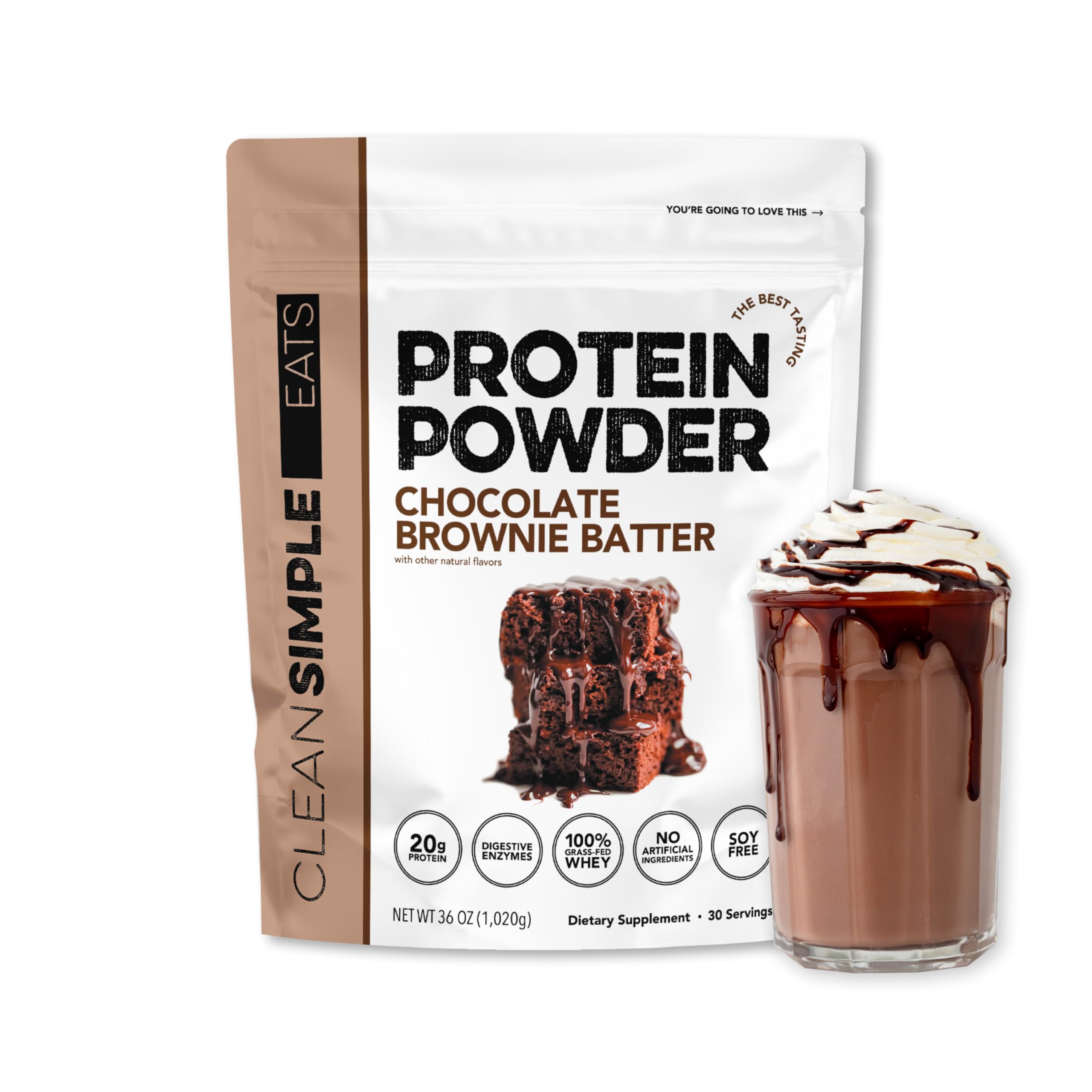 Clean Simple Eats Whey Protein Powder, Chocolate Brownie Batter Flavor Naturally Sweetened, 100% Grass Fed Protein Powder with Digestive Enzymes & No Artificial Ingredients, Gluten Free, 30 Servings