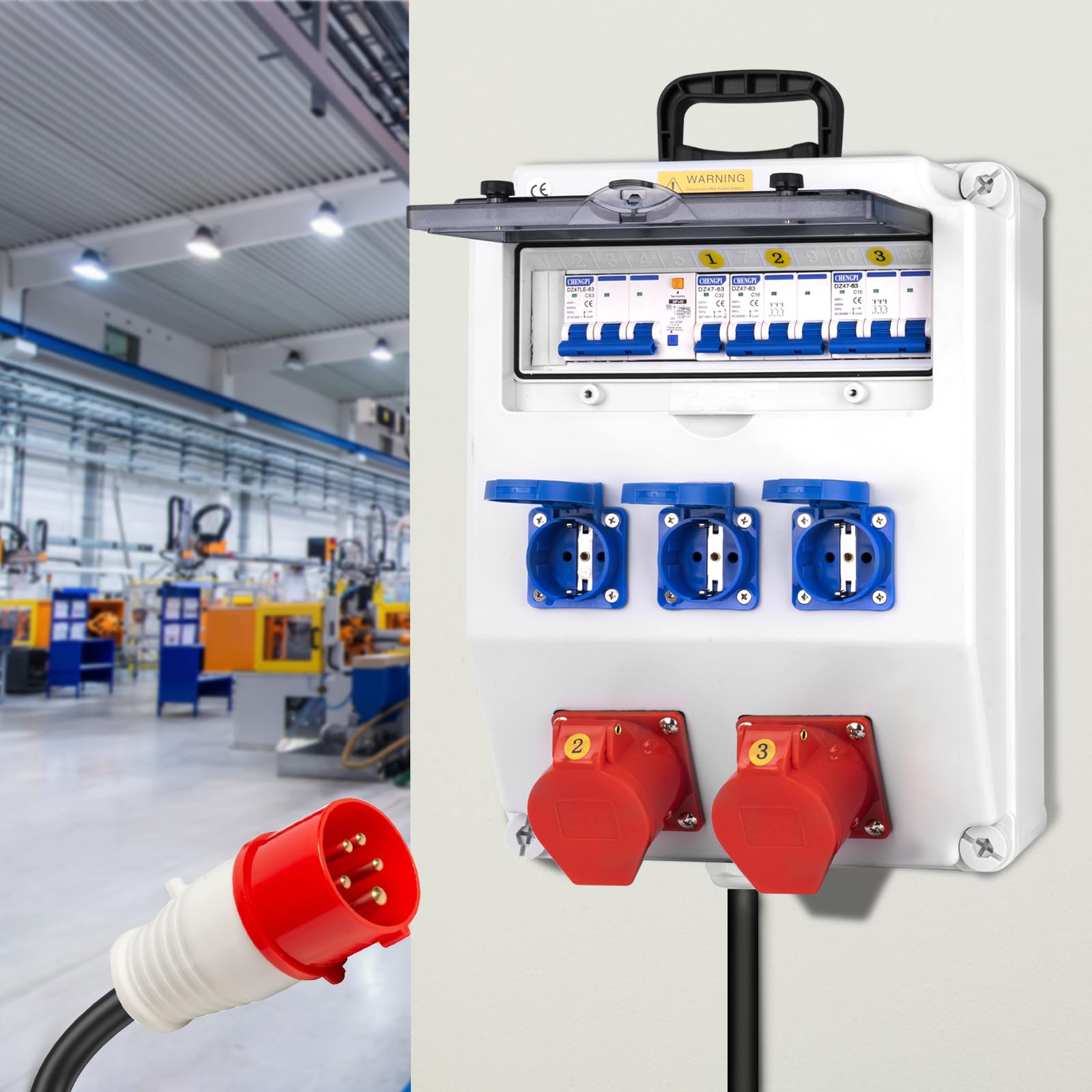 Baustromverteiler,IP65 Wasserdicht Stromverteiler mit Leitungsschutzschalter, Wandverteiler mit IP54 230V/16A Schuko Steckdose und IP44 CEE Steckdose 400V/16A