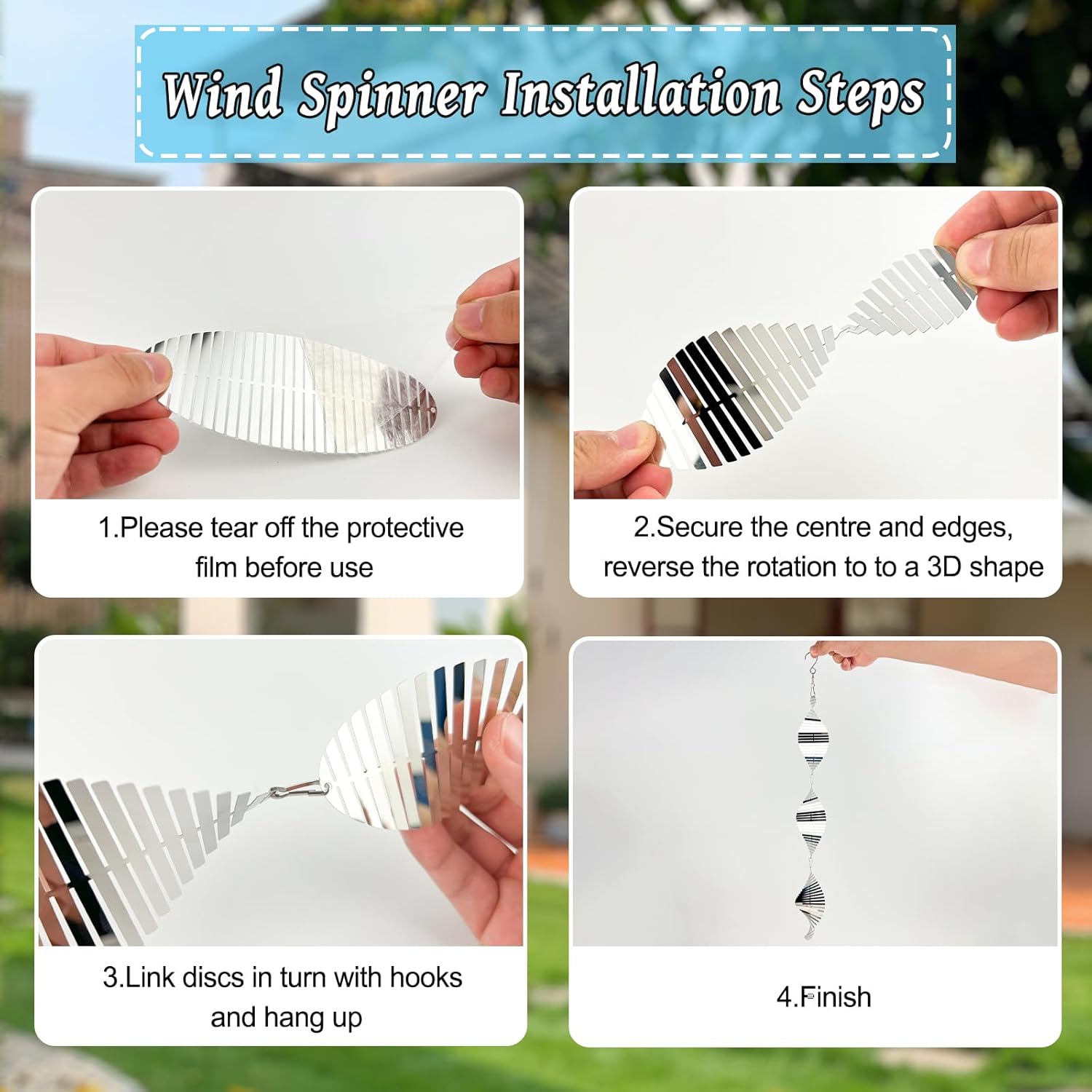 DELAVIDA Stainless Steel Bird Scare Devices, 3D Wind Spinners Outdoor, 9 Discs Set, Reflective Decor to Keep Swallow Pigeon Sparrow Away from House Patio Garden (Fish Bone) - Image 7