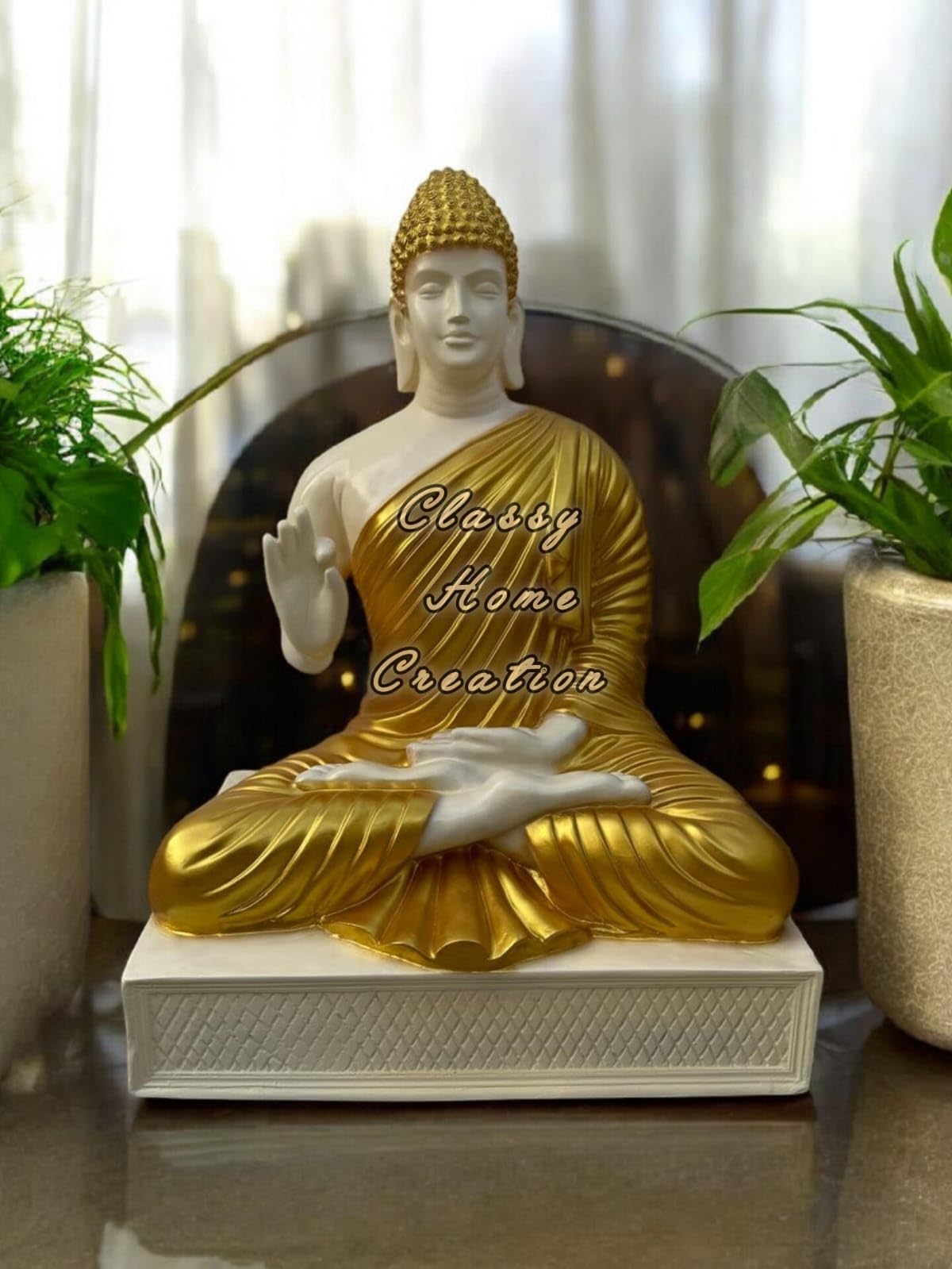Classy Home Creation Beautiful Buddha Statue Big Size 4 Feet Decorative Home Decor Living Room Garden Office Pooja Room, Meditation Pose, Indoor Outdoor Large Fiber Cream and Golden Glossy