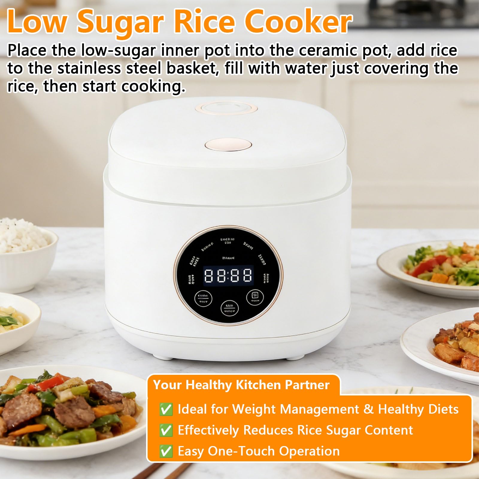 2L Low Sugar Reiskocher, Rice Cooker mit Low Carb Funktion, 500W Digitaler Multikocher mit 24-Stunden-Verzögerungstimer und 8-Warmhaltefunktion – Ideal für Weißreis, Brei, Suppen und Getreide