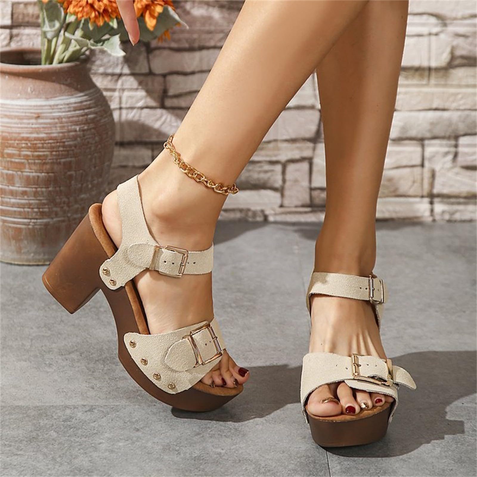 Scarpe da donna estive chic e comode tacchi con zeppe, pantofole da donna estive comode aperte, pantofole ortopediche a piattaforma, pantofola con cinturino alla caviglia, tacco, tacco, tacco, tacchi