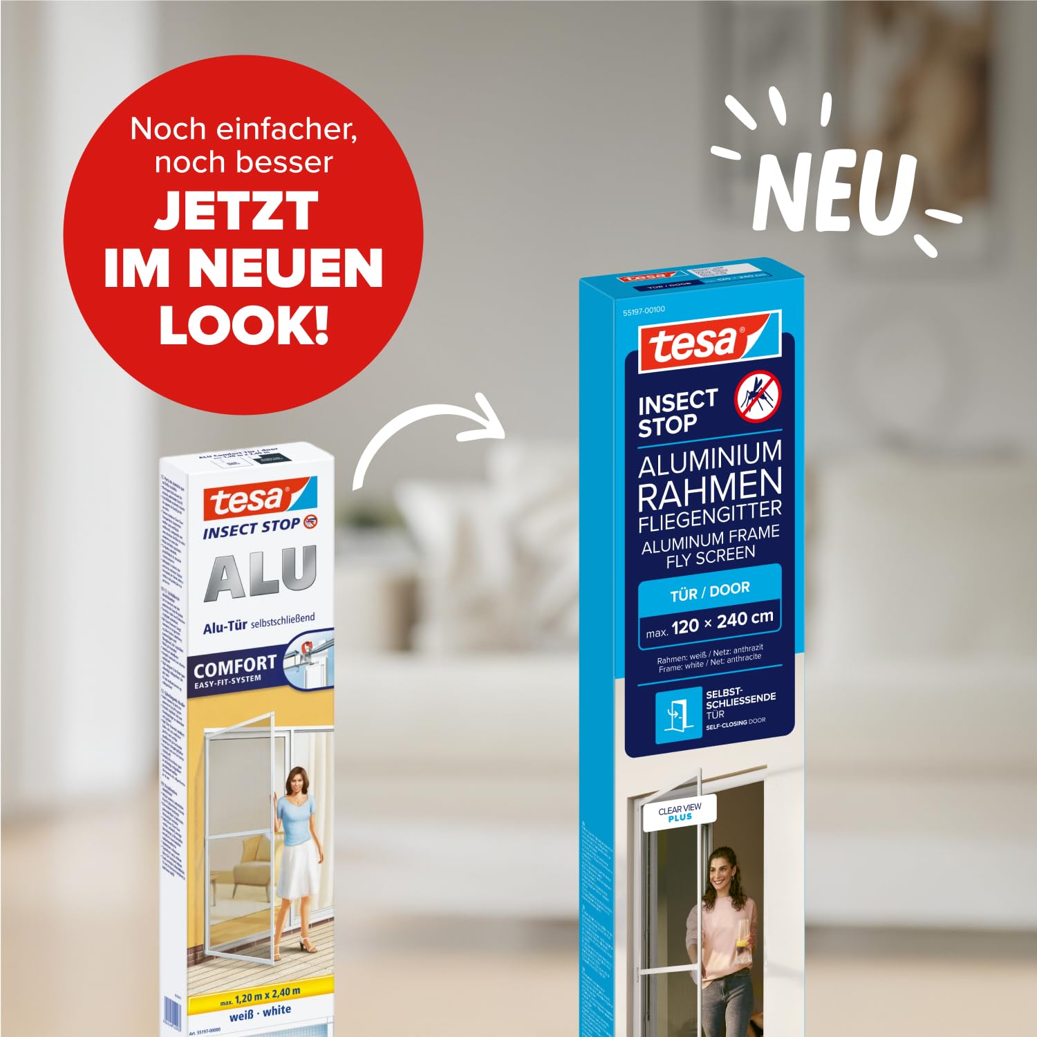 tesa INSECT STOP Aluminium-Rahmen Fliegengitter Tür 120 x 240 cm Weiß | Langlebiges Fliegengitter mit Clear-View-Gewebe, Aluminium-Rahmen, Selbstschließfunktion und 30 % schnellerem Aufbau