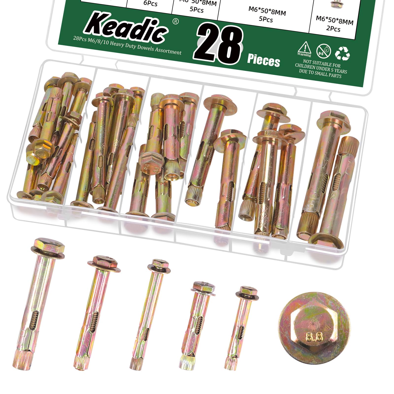 Keadic 28 Pcs Heavy Duty Double Assortment,Expansion Screw Hexagon Expansion Screw,Bolt Anchor(M6/8/10),Heavy Duty Anchor Set for Concrete Brick Masonry