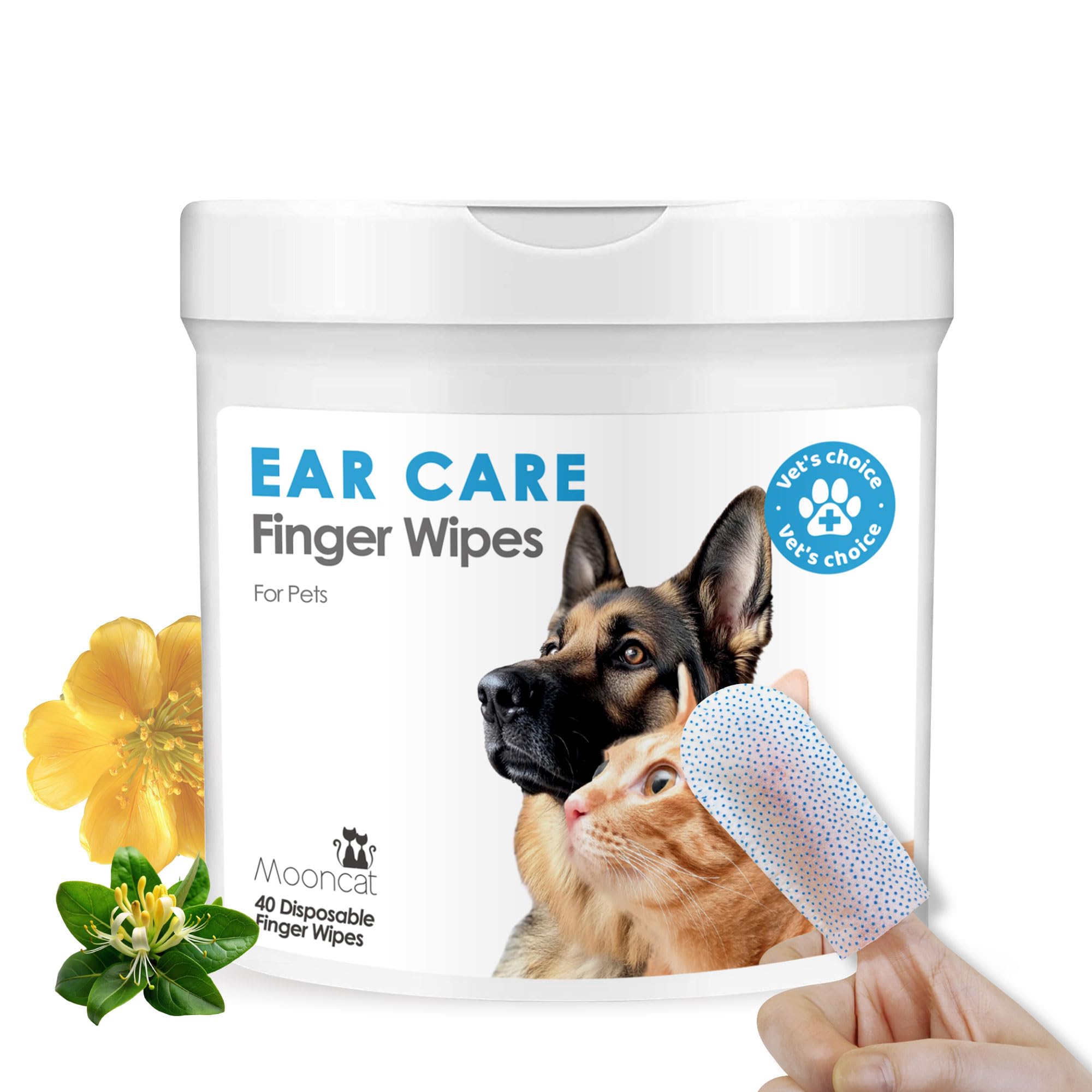Mooncat Cat & Dog Ear Cleaner Wipes - Gentle Finger Wipes for Ear Infection, Mites, Wax & Odor - Easy & Soothing Itch Relief Cleaning Solution for Sensitive Ears - 40 Finger Wipes