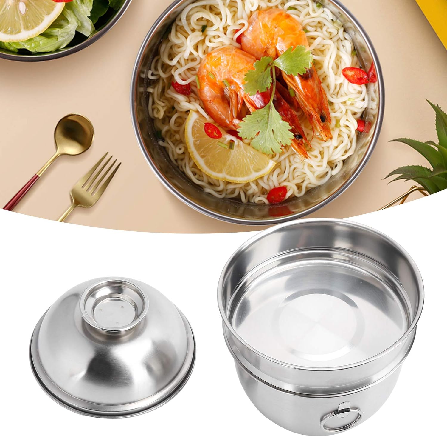 Alvinlite Fast Food Bowl Instant Noodle Bowl Stainless Steel Double Layer Lunch Box for Noodles Soup Cereals Fruits