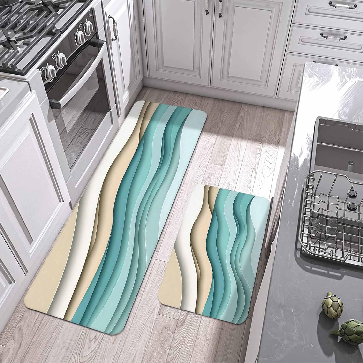 Prime Leader Turquoise Ombre Kitchen Mat Set 2 Pieces Abstract Stripe Ocean Wave Geometric Modern Art Non Slip Kitchen Rugs Washable Runner Rug Mats for Sink Laundry (23.6" x 35.4"+23.6" x 70.9")