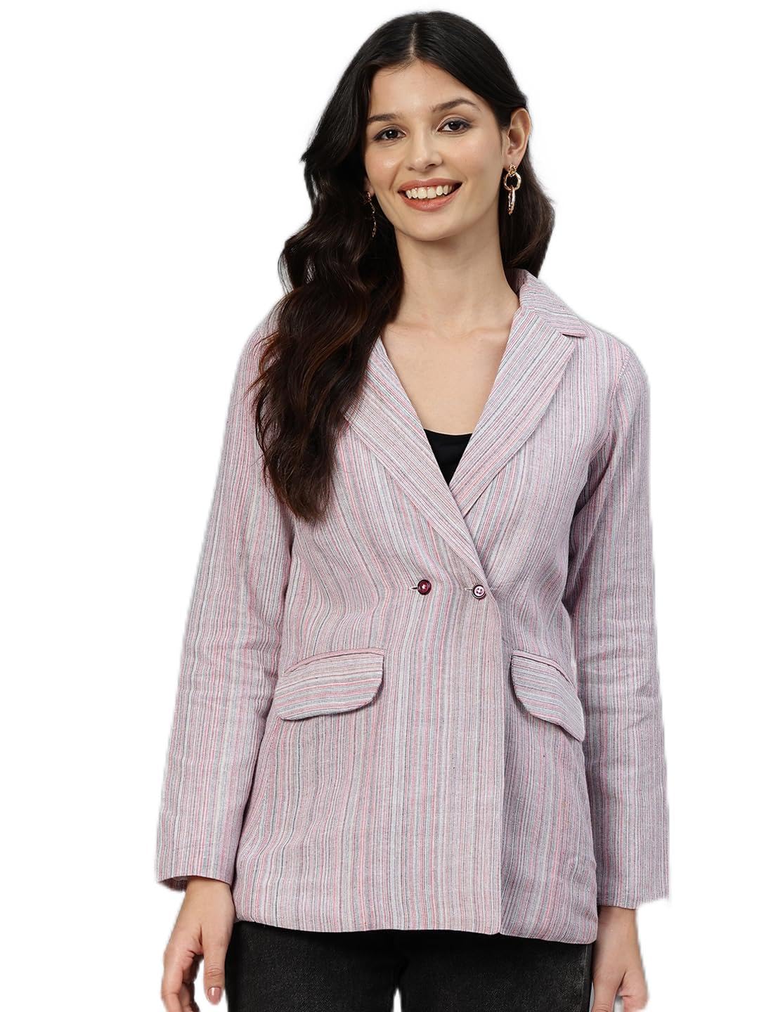 cottinfab Women Pink & White Striped Double-Breasted Pure Cotton Casual Blazer-picture-28