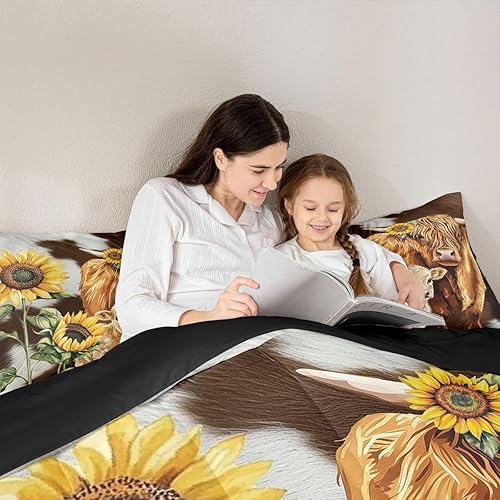 Miniatura 4 de Highland Gattle Queen - Juego de edredón con estampado de vaca marrón para niños y niñas, edredón de girasol de piel de vaca occidental, relleno de