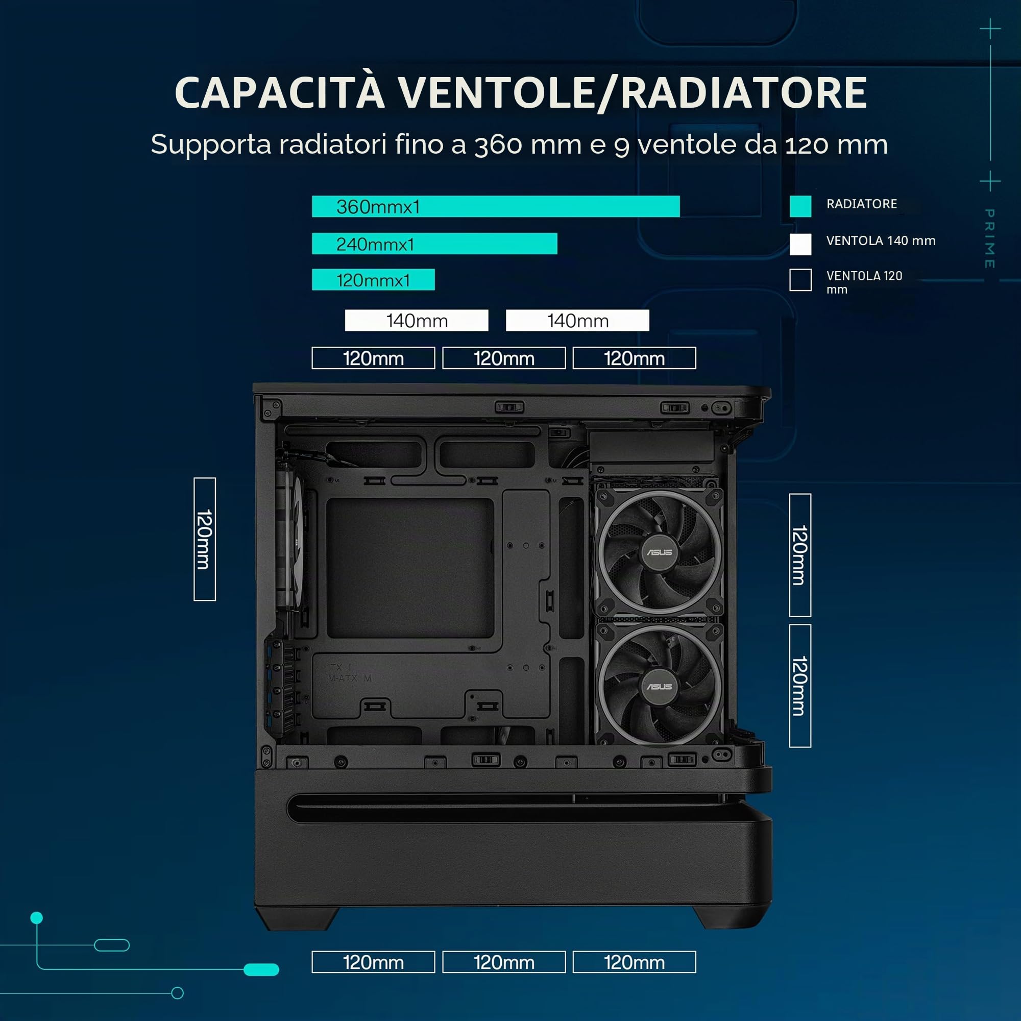 ASUS Prime AP202 ARGB, Case mATX, Pannelli Tool-Free, Supporto per Dissipatori da 360mm, Schede Grafiche da 420 mm e Alimentatori da 200 mm, 3 Ventole ARGB Integrate, Porta USB-C, Nero