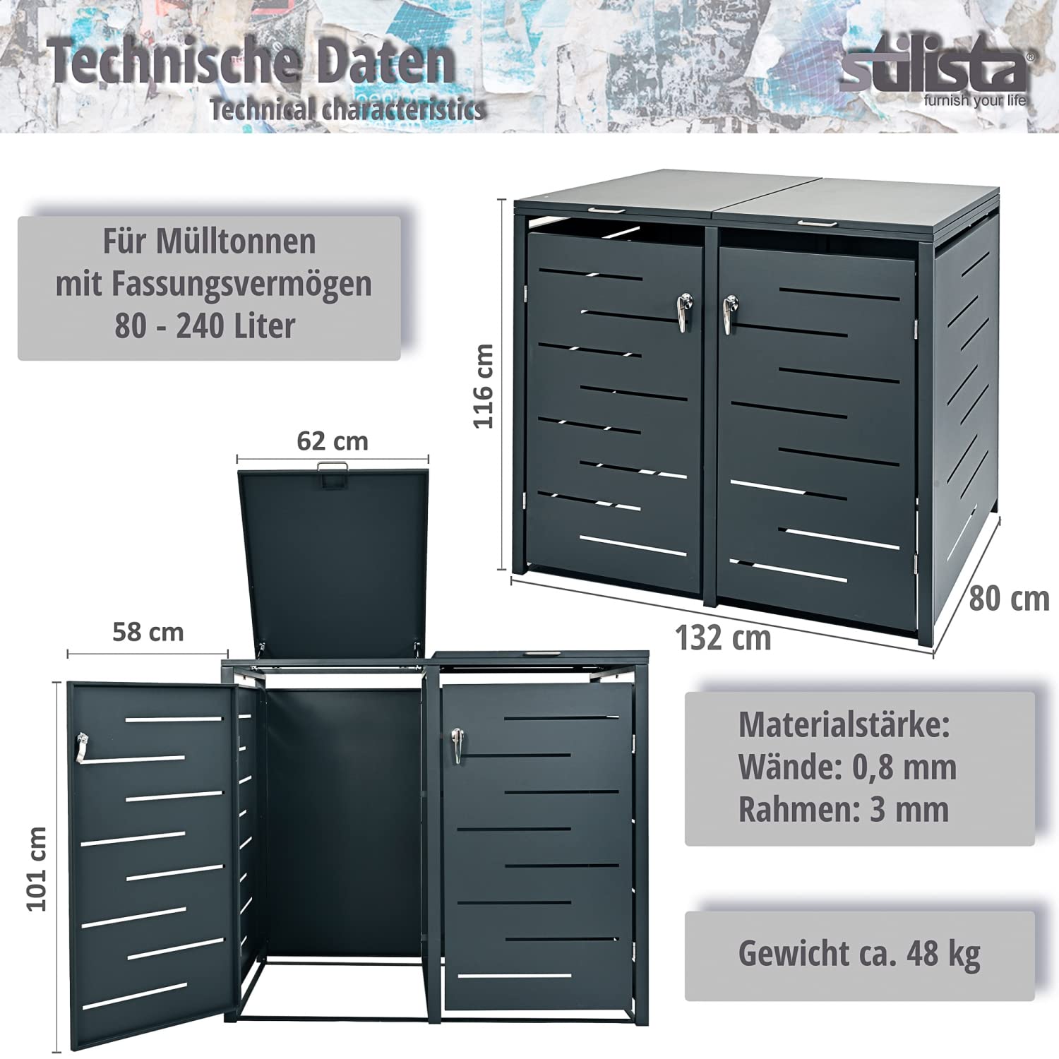 STILISTA Mülltonnenverkleidung aus Metall, für 2 Mülltonnen je 240 Liter, Anthrazit