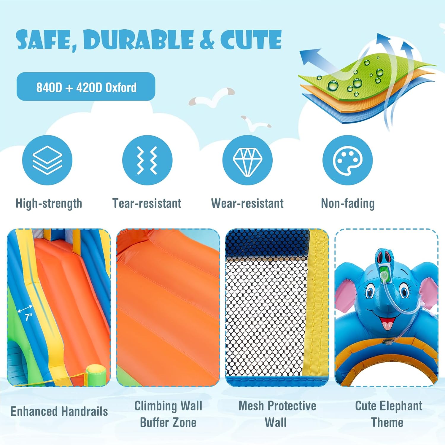 HONEY JOY Inflatable Water Slide, 9 in 1 Elephant Waterslide Water Park for Kids Backyard, Splash Pool, Tic Tac Toe, Climbing Wall, Water Slides Inflatables for Kids and Adults(with GFCI 750w Blower)