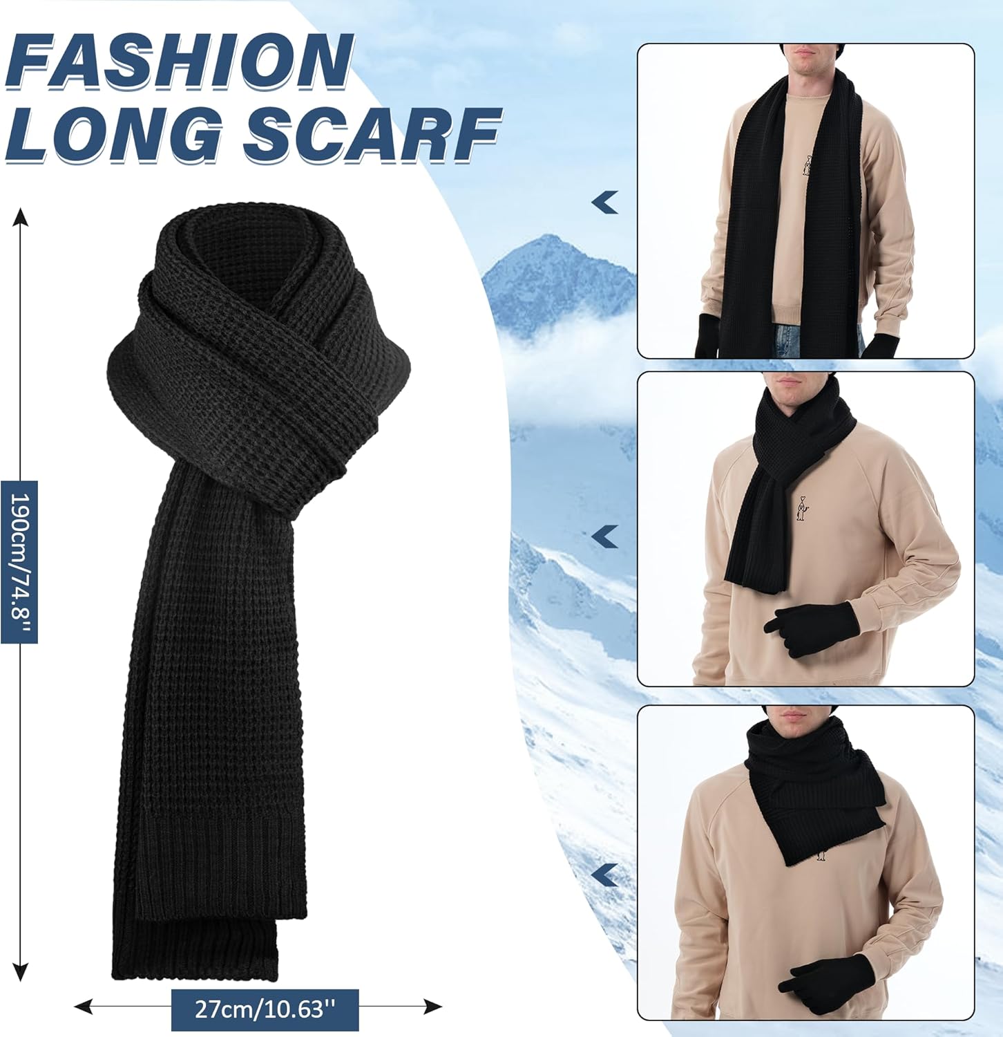 Mens Winter Hat Long Scarf Touchscreen Gloves Knit Set with Warm Fleece Lined Beanie Hats Neck Scaves Gifts for Men - Image 3