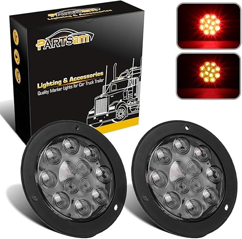 Partsam 2 luces traseras redondas de 4.0 in de color rojo, para remolque, con montura de brida, lentes de humo, 12 luces LED rojas, resistentes al
