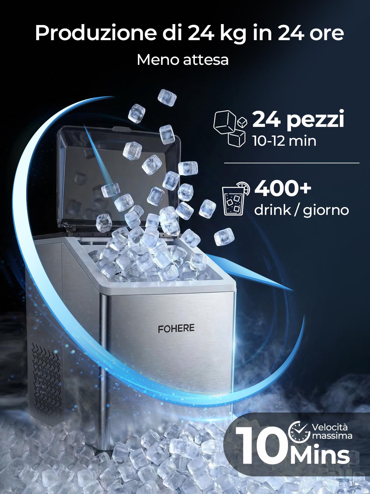FOHERE Macchina per Ghiaccio Acciaio Inox, 24kg/24h, 24 Cubetti in 10-15 Min, Serbatoio 3,2L con Timer, Auto-pulizia e Sbrinamento, Doppio Riempimento, Silenziosa 35dB, Bar, Casa e Ristorazione