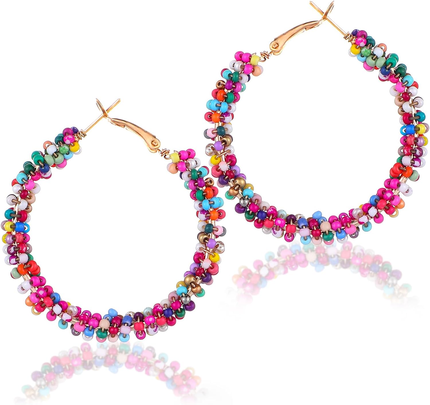 Molain Boho Beaded Earrings for Women, Colorful Floral Hoop Earrings with Rainbow Beads, Beaded Fun Hoop Earring for Spring Summer