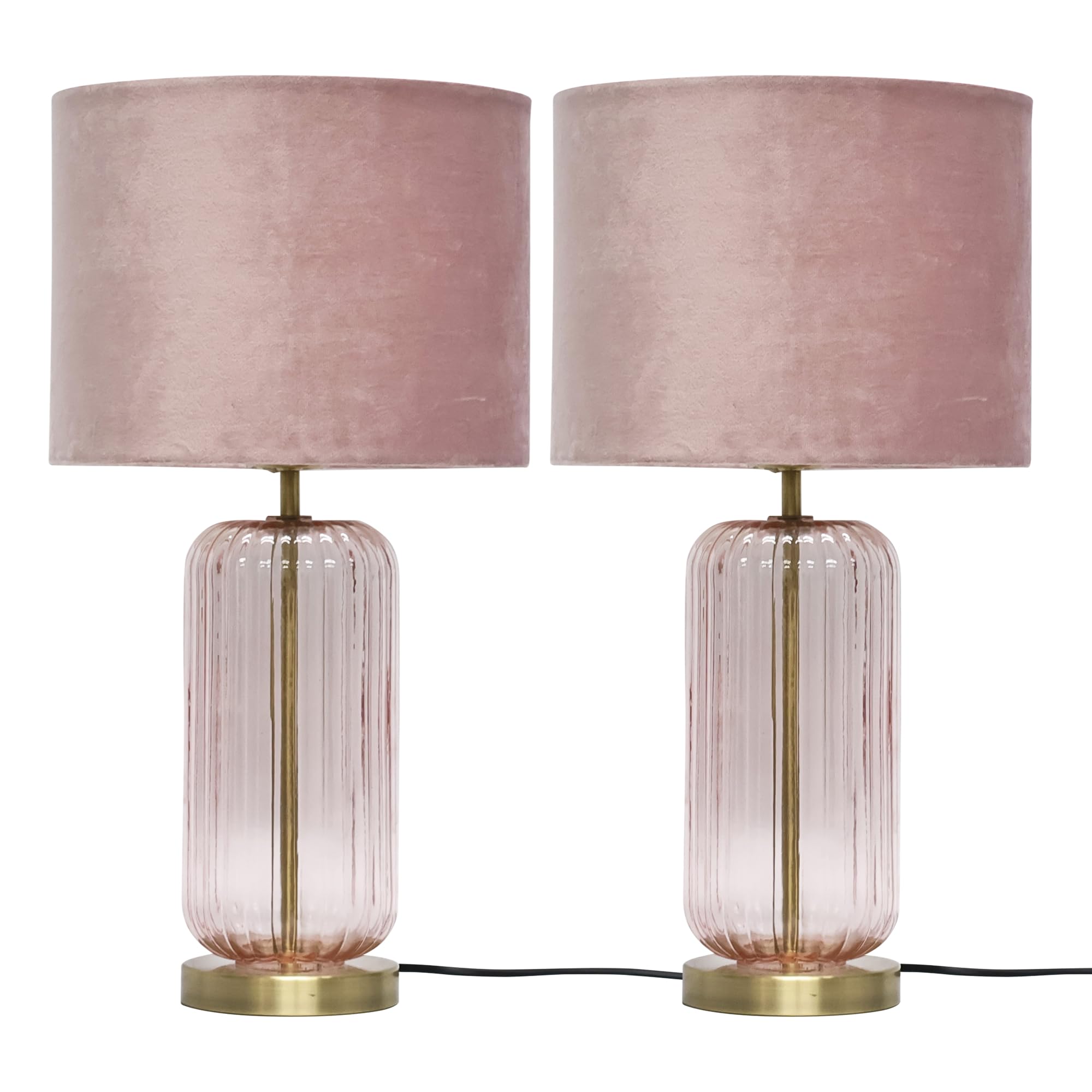 firstchoicelighting Set of 2 Ribbed Glass Brass Table Lamps or Bedside Lights, Blush Pink with Velvet Shade, Height 49cm.