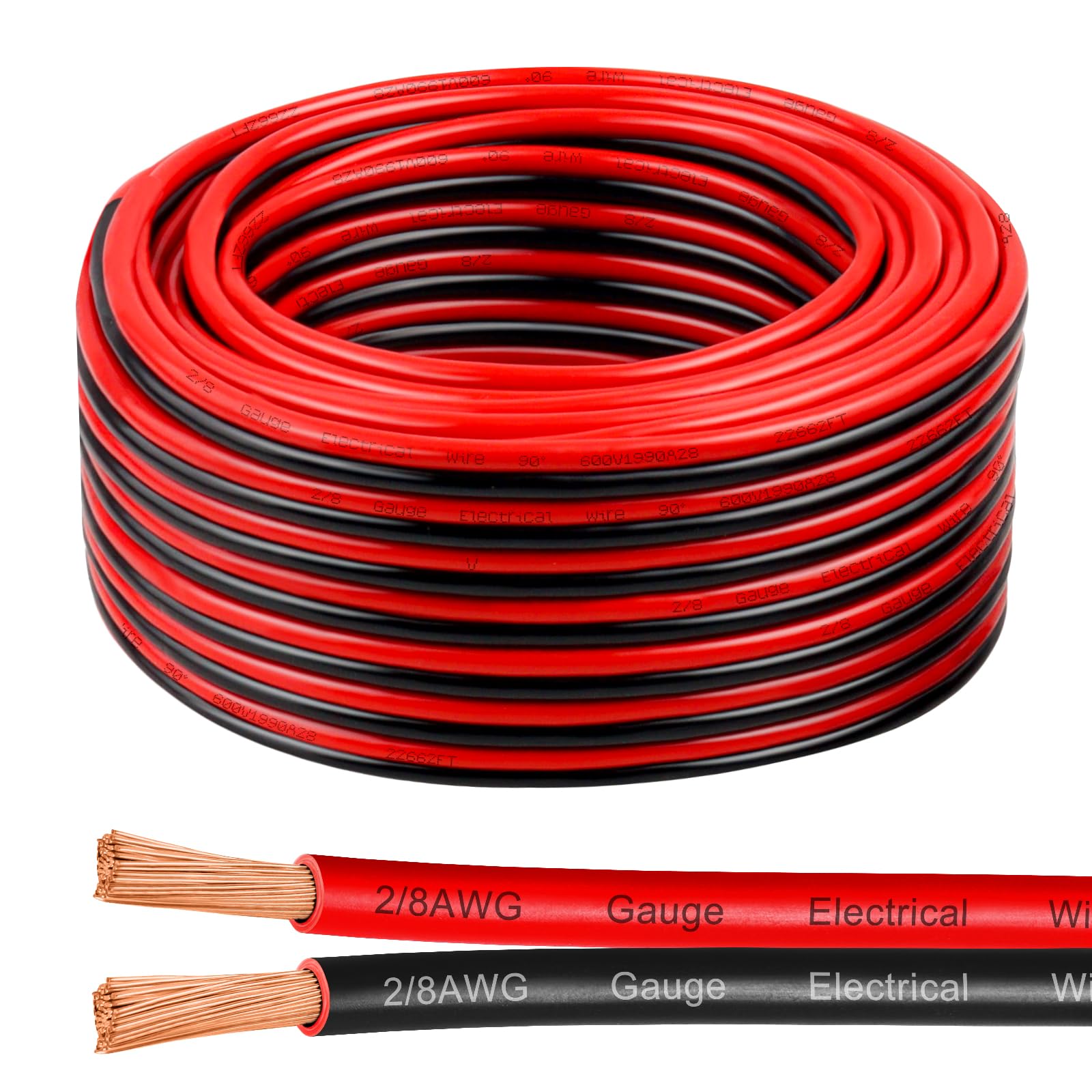 50 Fuß 8 Gauge Kabel, 8/2 AWG reiner Kupferdraht, 2 rote und schwarze Leitungen, geflochtenes Niederspannungskabel für Solarpanel, Automobil, automatisches Audio, LED-Beleuchtung (8 AWG 50)
