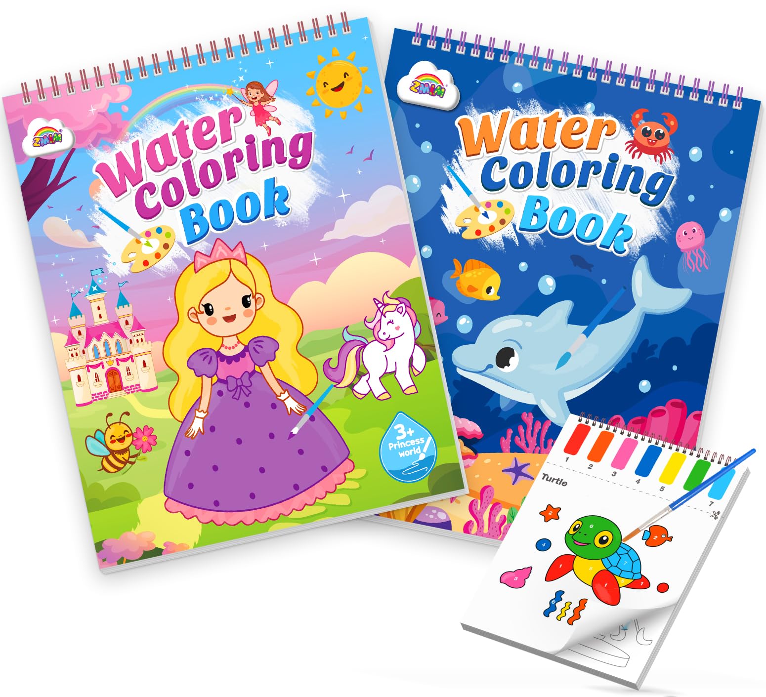 ZMLM 2 Libri Dipingi con Libro da Colorare ad Acqua per Bambini Piccoli, Libro di Pittura ad Acquerello con Pennello, Libro Magico da Colorare Acqua per Bambini 3-8 Anni - Principessa e Animali Marini