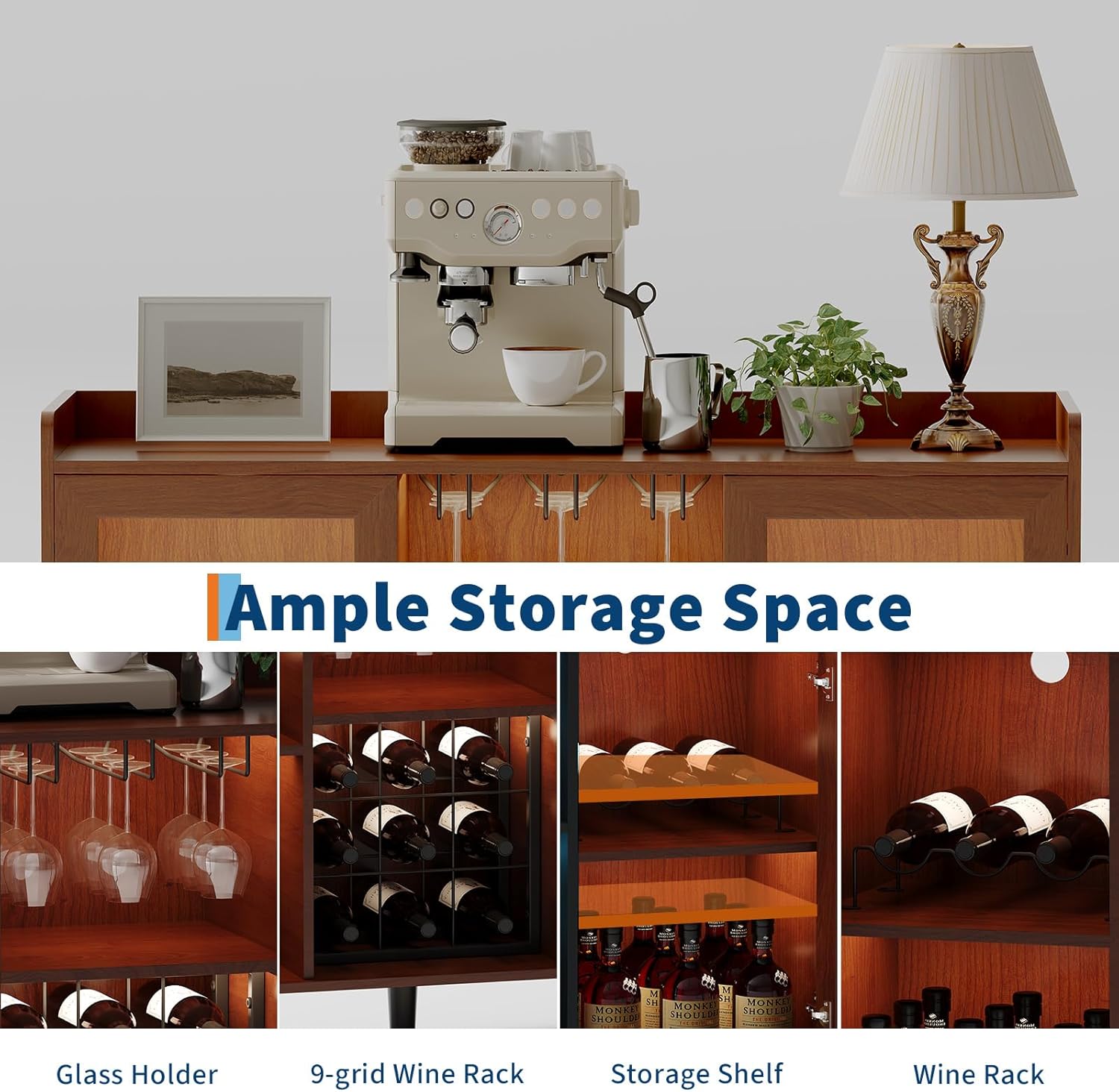 Freestanding Kitchen Sideboard Buffet Cabinet with Storage & LED Light, Wine Bar Cabinet for Liquor, Wine and Coffee Bar with Rack and Glass Holder for Home Living Room, Dining Room (Walnut Color)