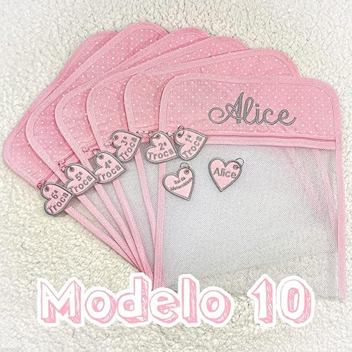 Saquinho Maternidade Com Nome Bordado Tule Com Zíper 6x Peças Menino E Menina 6 Cores (Rosa Coraçãzi