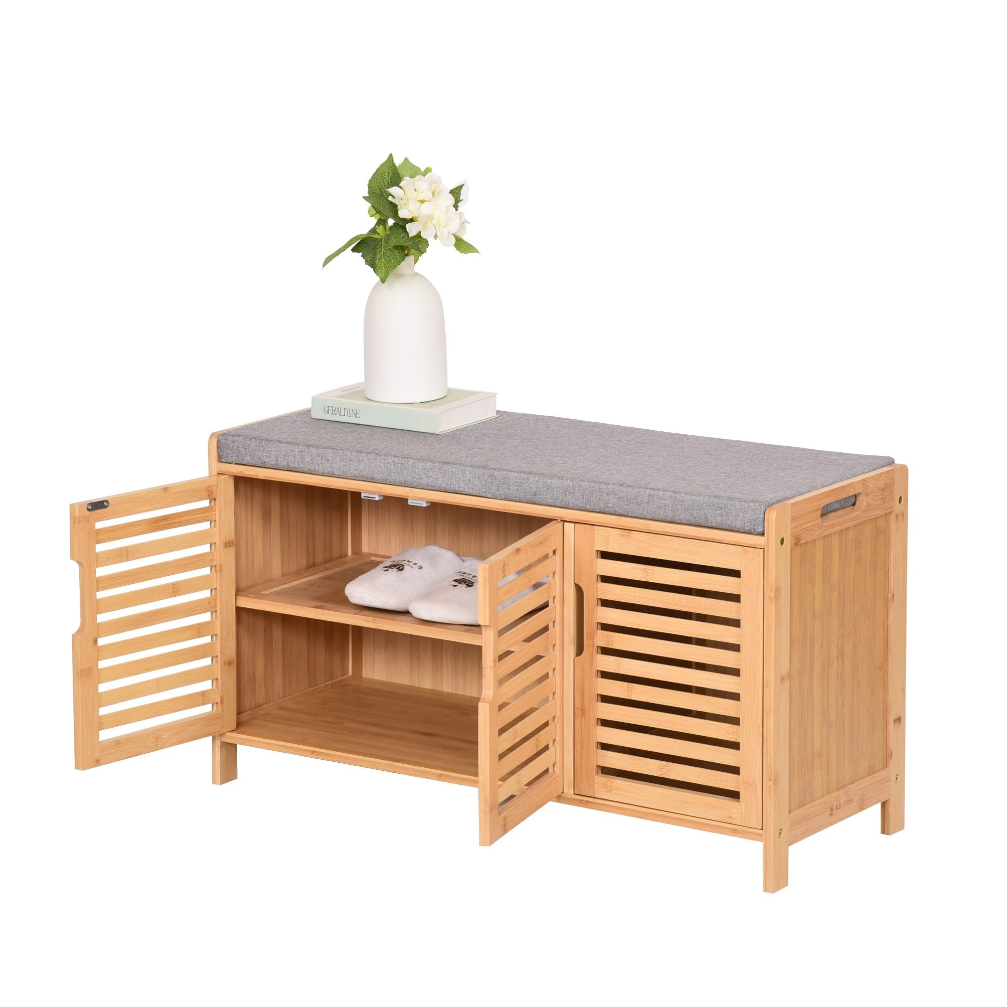 Scarpiera in bambù con panca da seduta, scarpiera con 3 scomparti, cuscino, mobiletto per scarpe, per ingresso, corridoio, 50 x 90 x 35 cm (Grigio)