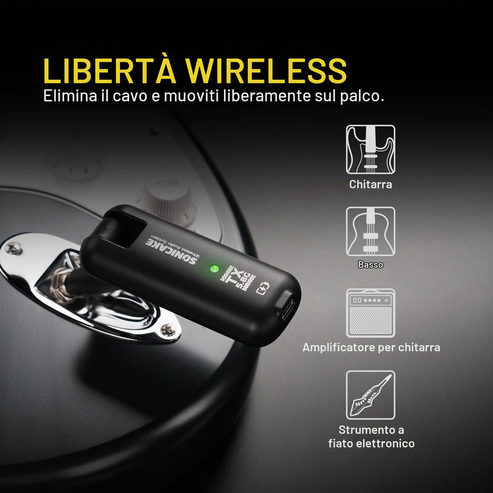 SONICAKE 5,8GHz Sistema Wireless per Chitarra, Trasmettitore e Ricevitore | 6 canali di segnale, 8 Ore di Autonomia, Raggio di Trasmissione 30–50 Metri, per Chitarra Elettrica e Basso